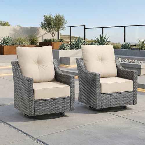 Domvaranique 2 Piece Patio Furniture Set, Outdoor Swivel Rocker Chairs Set of 2, Grey Wicker Conversation Chairs with 6-Inch Thick Cushions, High Back Seating, Beige Olefin Covers for Porch, Deck