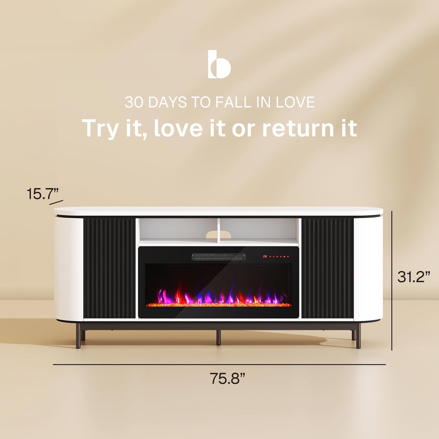 BELLEZE 76" Curved Profile TV Stand with 36" Electric Fireplace, Large Entertainment Center with Storage for TVs up to 80", Modern Media Console Fluted TV Cabinet for Living Room, White