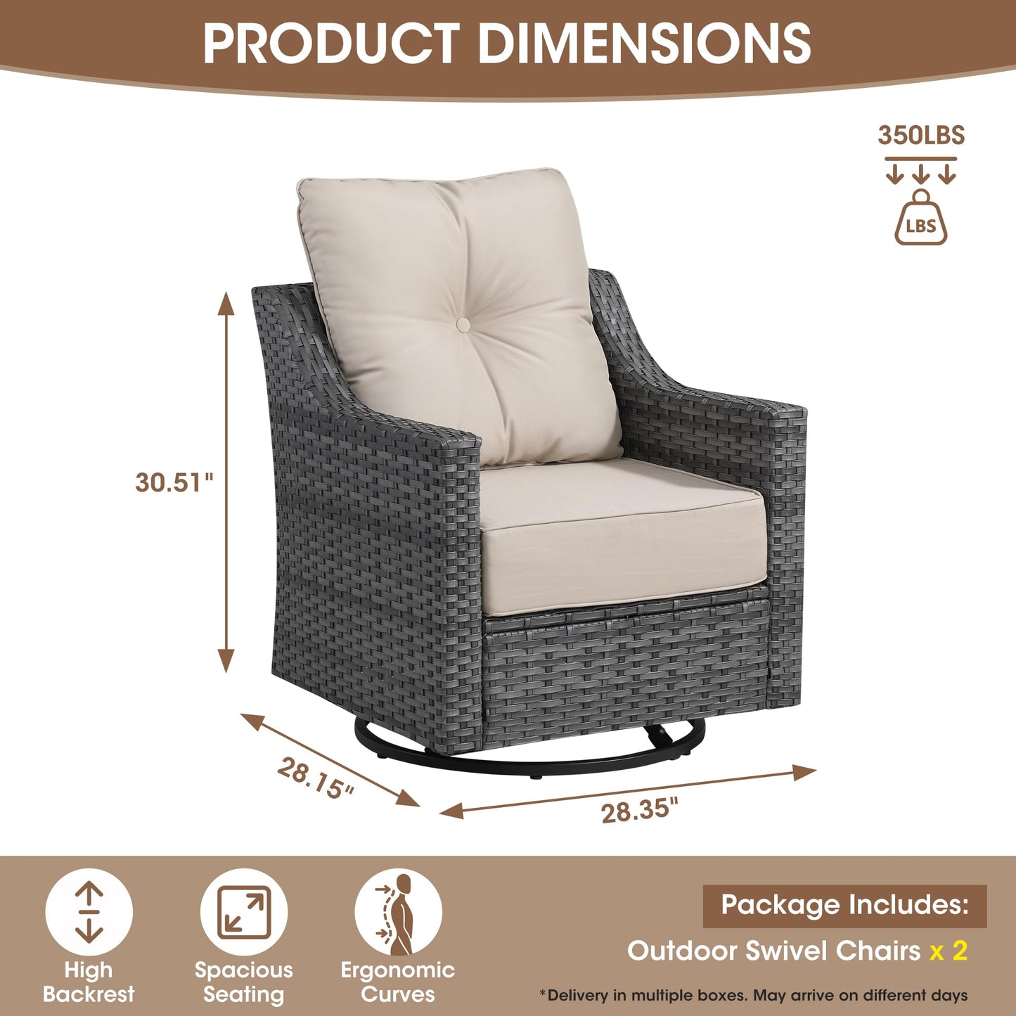 Domvaranique 2 Piece Patio Furniture Set, Outdoor Swivel Rocker Chairs Set of 2, Grey Wicker Conversation Chairs with 6-Inch Thick Cushions, High Back Seating, Beige Olefin Covers for Porch, Deck