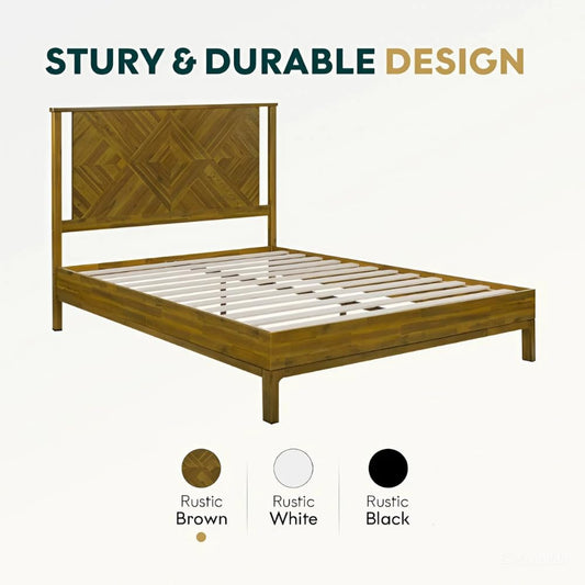 Bme Ethan Queen Bed Frame with Diamond Headboard, Mid-Century Modern, Solid Acacia Wood, No Box Spring Needed, Fits All Mattresses, Rustic Brown