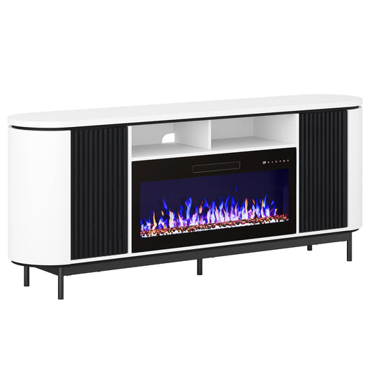 BELLEZE 76" Curved Profile TV Stand with 36" Electric Fireplace, Large Entertainment Center with Storage for TVs up to 80", Modern Media Console Fluted TV Cabinet for Living Room, White