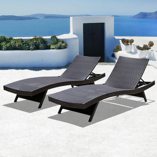 Idzo Katalina Upgraded 2000Hours UV Wicker Chaise Lounge Outdoor Set of 2 with Adjustable Backrest & Wave Design + Idzo Mira Solid Acacia Wood Folding Side Table Outdoor