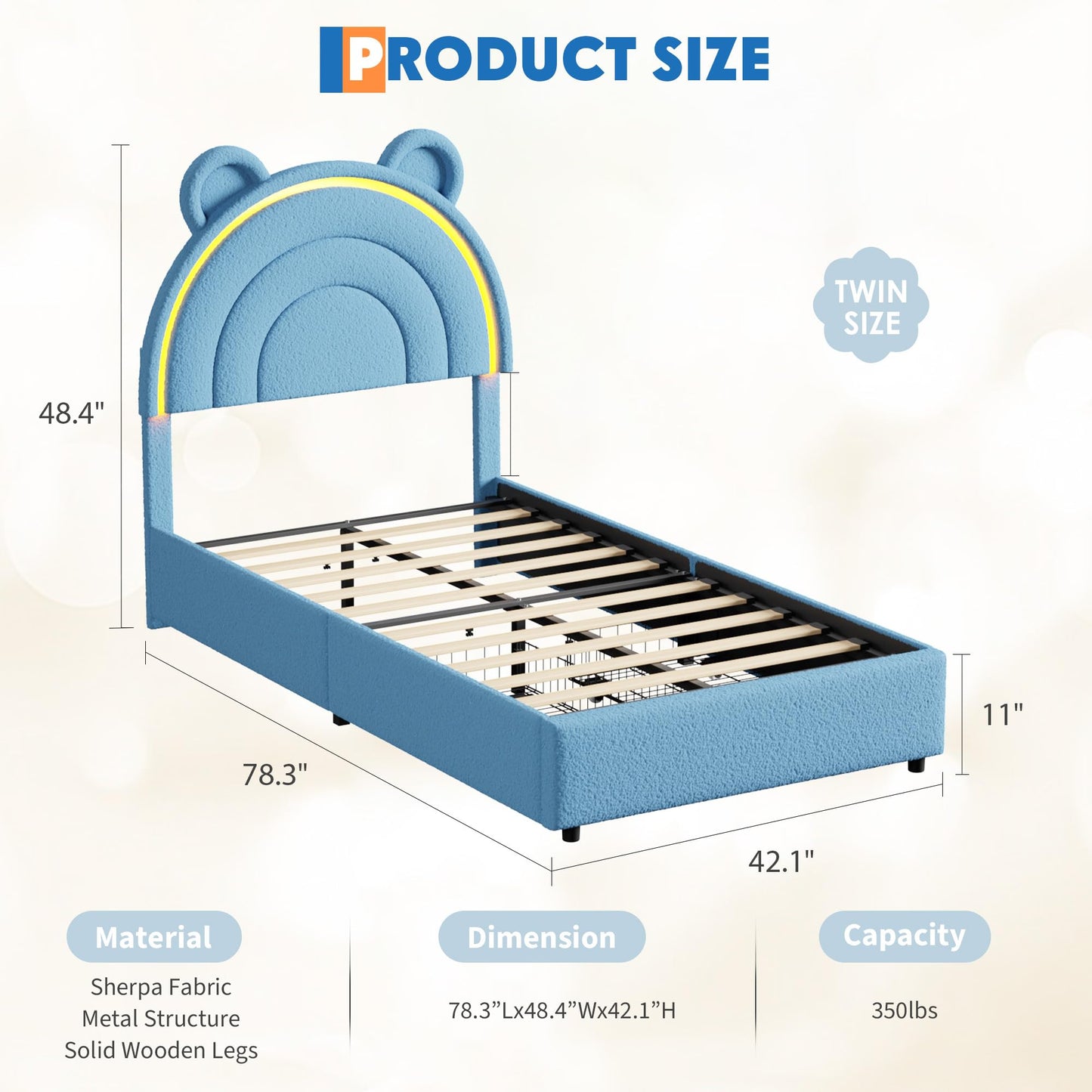 Garvee Twin Size Bed Frame with 2 Storage Drawers & LED Lights, Velvet Upholstered Platform Bed with Rainbow Headboard for Kids/Boys, Wood Slats Support, No Box Spring Needed, Blue