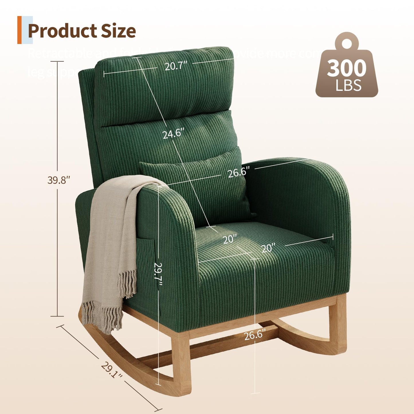 GarveeHome Corduroy Rocking Chair, Modern Nursery Glider Chair with Side Pockets and Pillow, Rocker Chair for Living Room Bedroom Nursing Room, Green