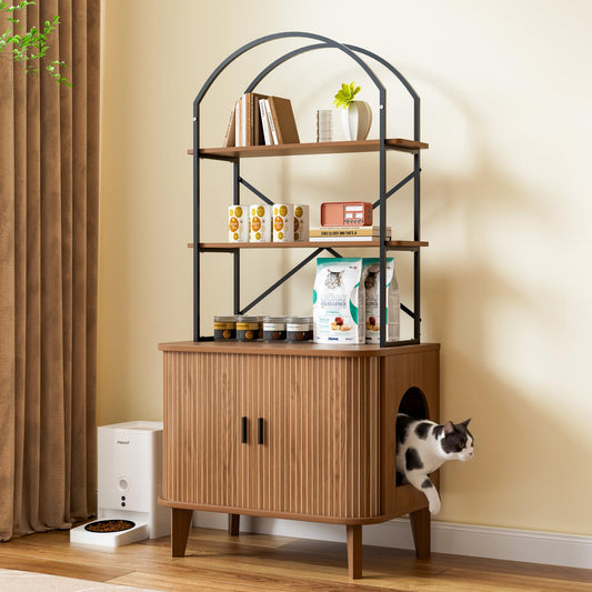 Pruchant 31.5" Cat Litter Box Enclosure,Hidden Litter Box Furniture with Shelves,Wooden Cat Washroom and Pet House with Sliding Tambour Door for Living Room,Walnut