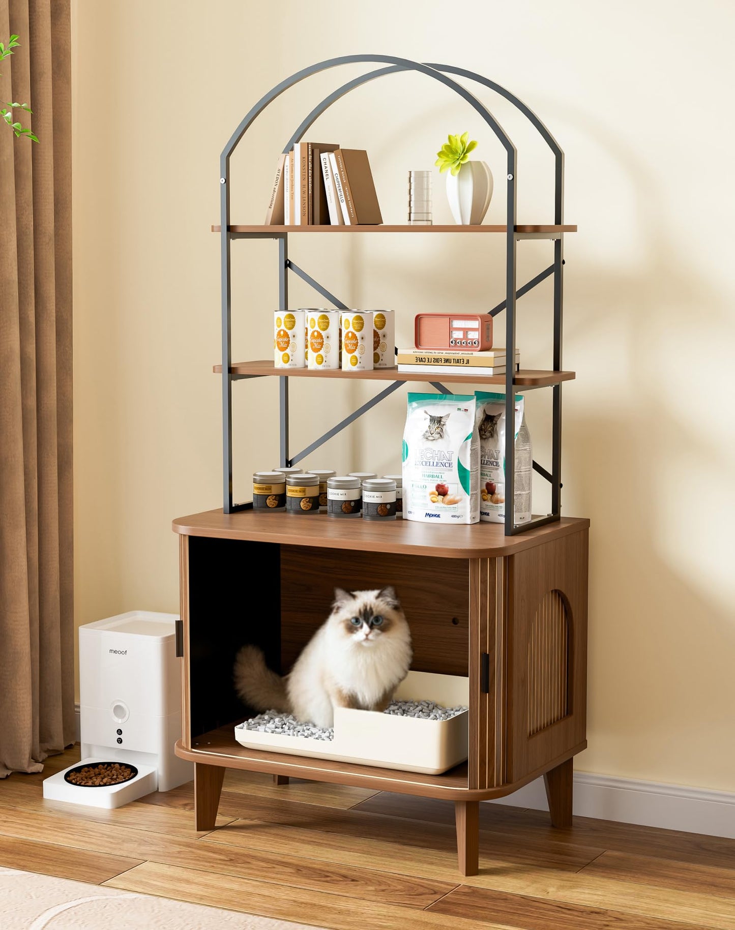 Pruchant 31.5" Cat Litter Box Enclosure,Hidden Litter Box Furniture with Shelves,Wooden Cat Washroom and Pet House with Sliding Tambour Door for Living Room,Walnut