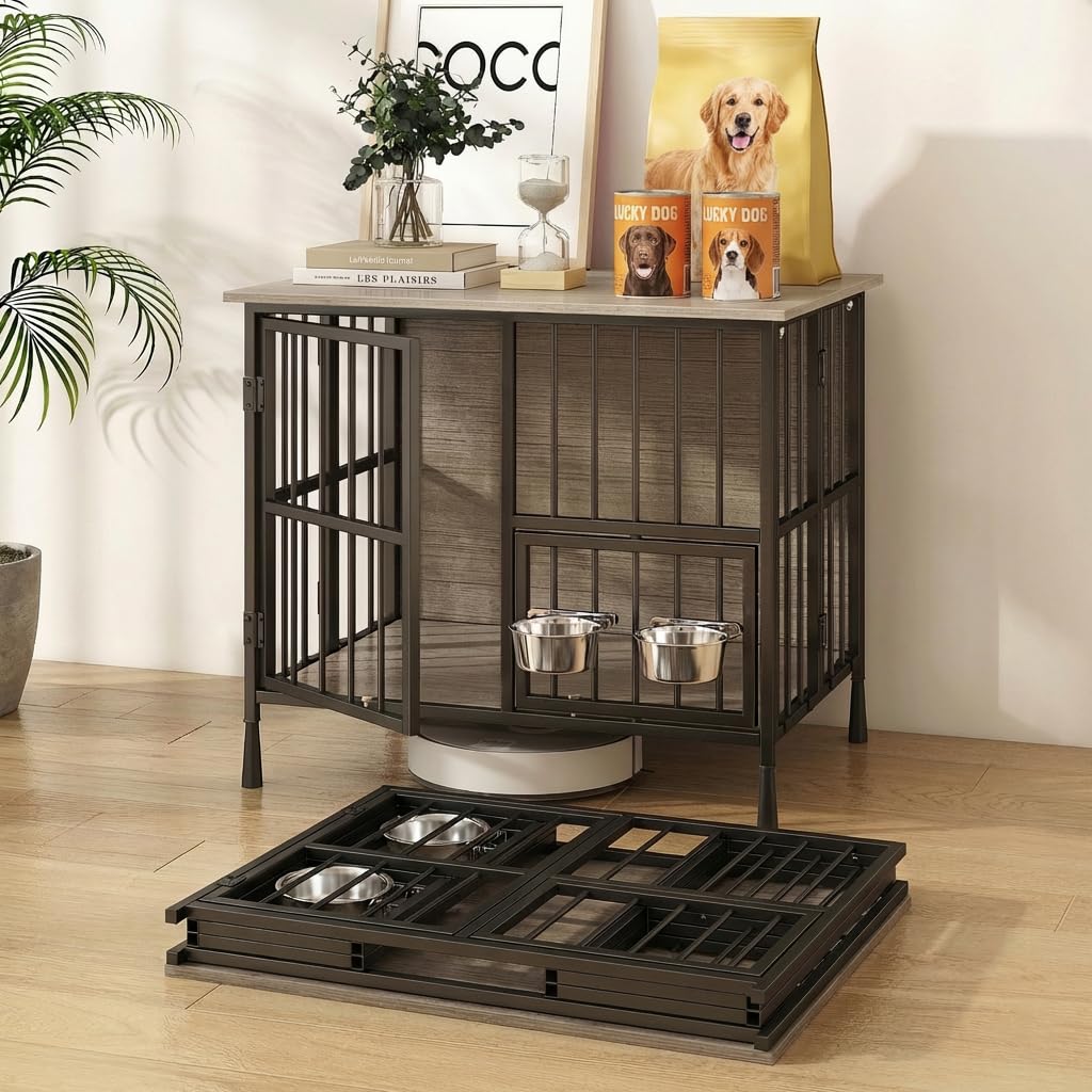 Hadulcet Foldable Dog Crate Furniture, No Assembly Indoor Dog Kennel with Storage Top, Wooden Dog Crate Table for Small to Medium Dogs (Up to 30 lbs), 27.55” Furniture Style Dog Cage with 2 Bowls Gray