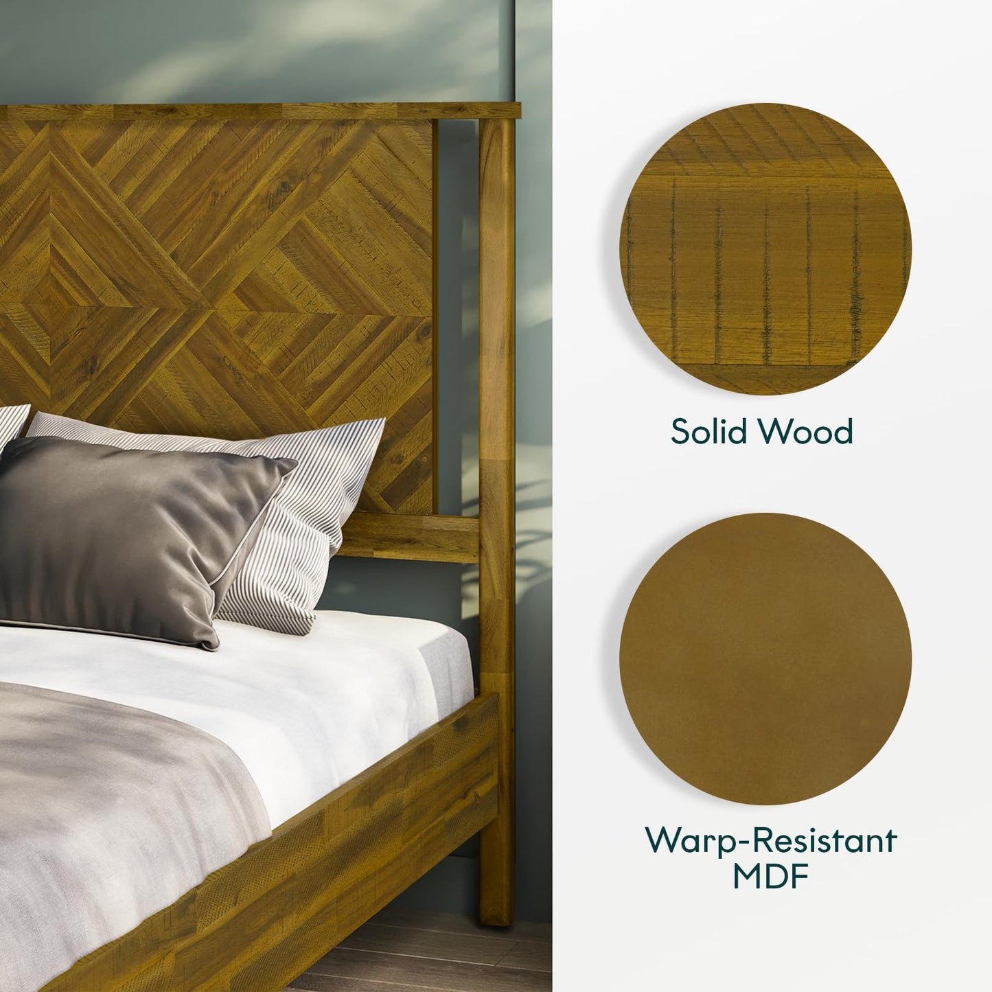 Bme Ethan Queen Bed Frame with Diamond Headboard, Mid-Century Modern, Solid Acacia Wood, No Box Spring Needed, Fits All Mattresses, Rustic Brown
