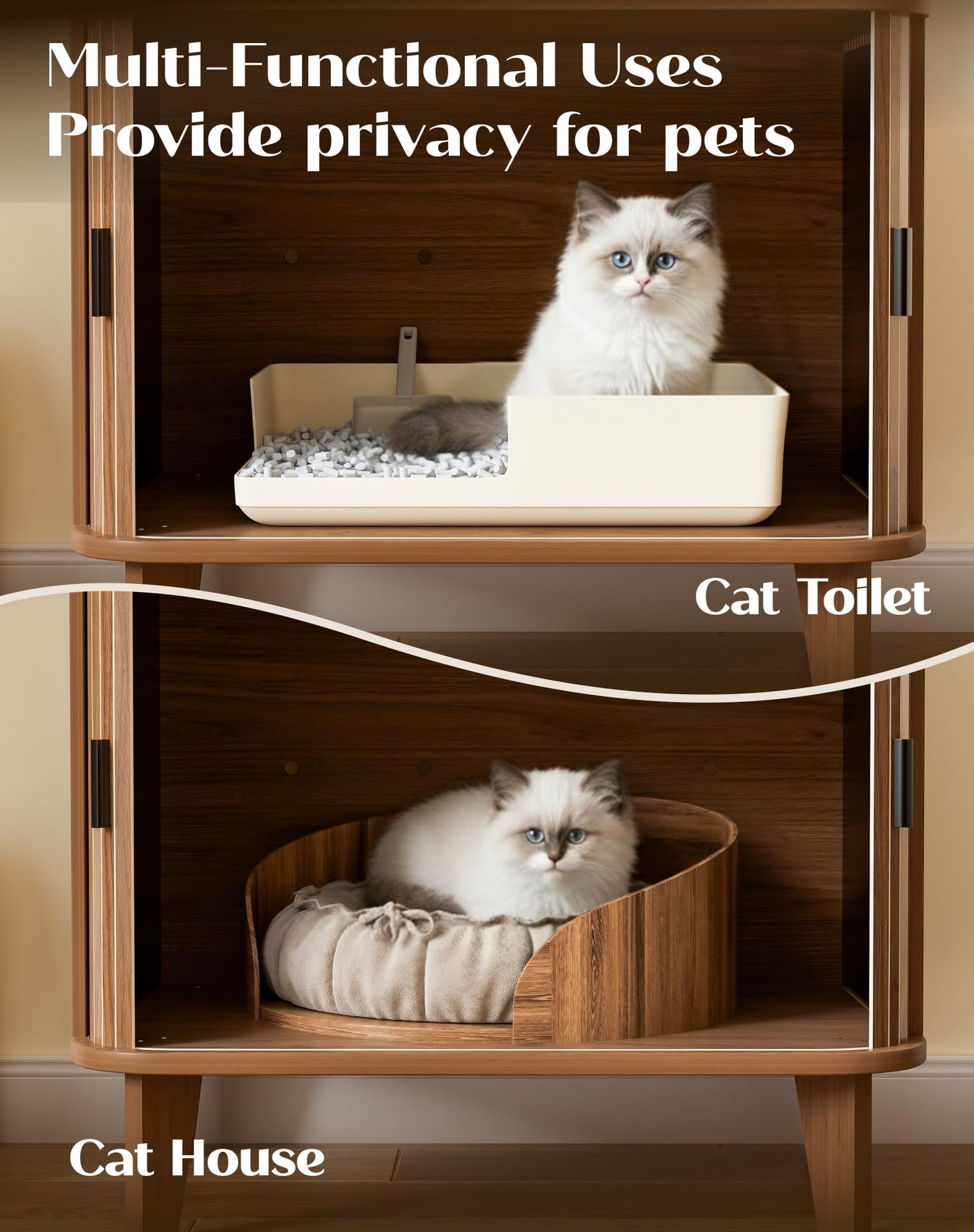 Pruchant 31.5" Cat Litter Box Enclosure,Hidden Litter Box Furniture with Shelves,Wooden Cat Washroom and Pet House with Sliding Tambour Door for Living Room,Walnut