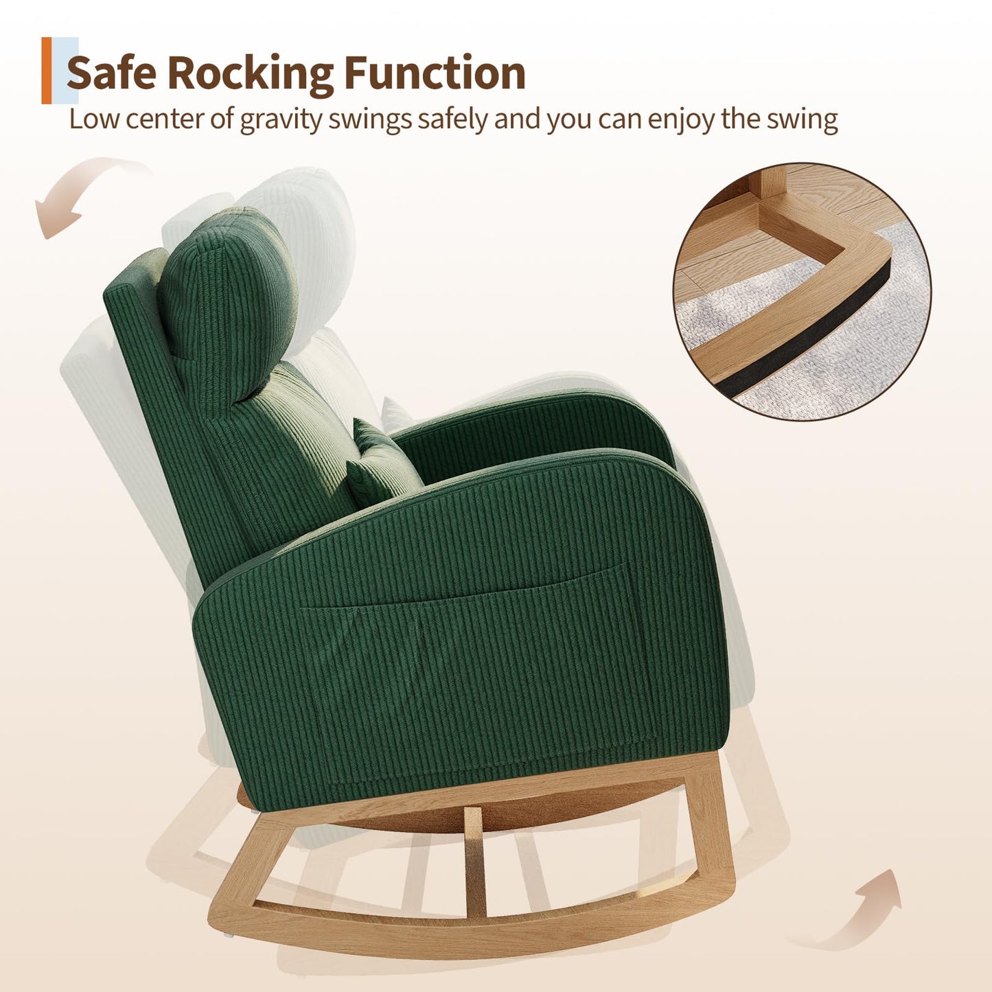 GarveeHome Corduroy Rocking Chair, Modern Nursery Glider Chair with Side Pockets and Pillow, Rocker Chair for Living Room Bedroom Nursing Room, Green