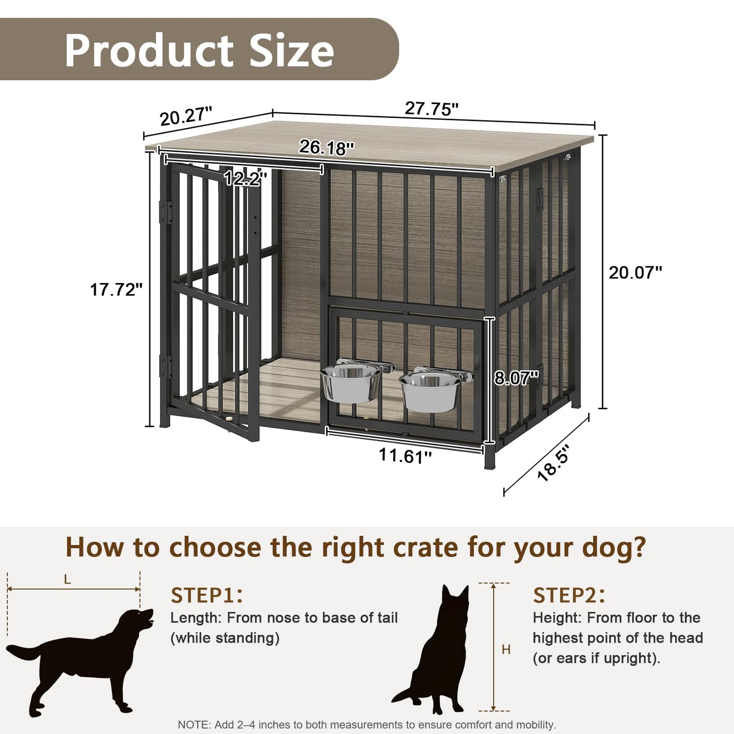 Hadulcet Foldable Dog Crate Furniture, No Assembly Indoor Dog Kennel with Storage Top, Wooden Dog Crate Table for Small to Medium Dogs (Up to 30 lbs), 27.55” Furniture Style Dog Cage with 2 Bowls Gray
