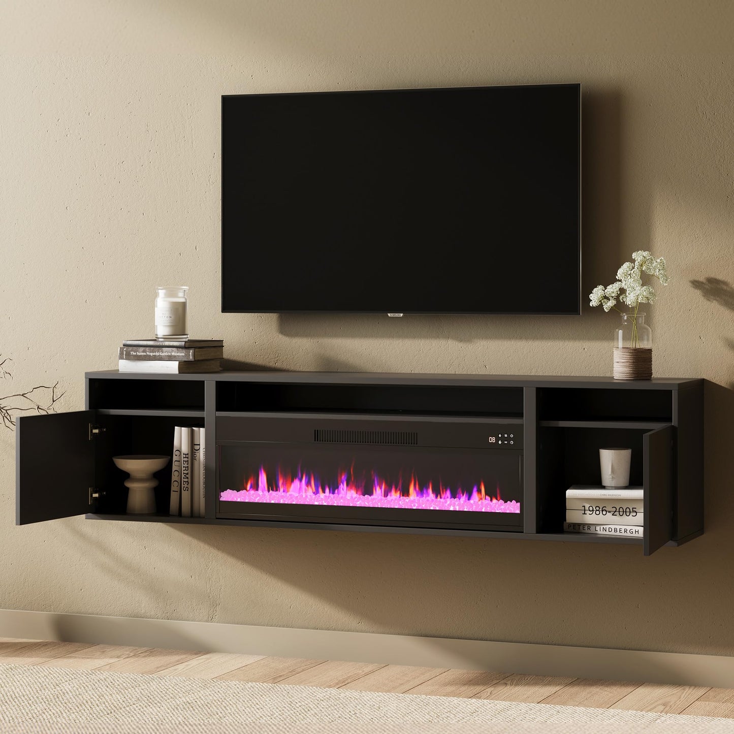 BELLEZE 70" Floating Fireplace TV Stand Wall Mounted with 36" Electric Fireplace,960 RGB Colors Entertainment Center with Storage for TVs up to 80", Modern Media Console TV Shelf for Living Room