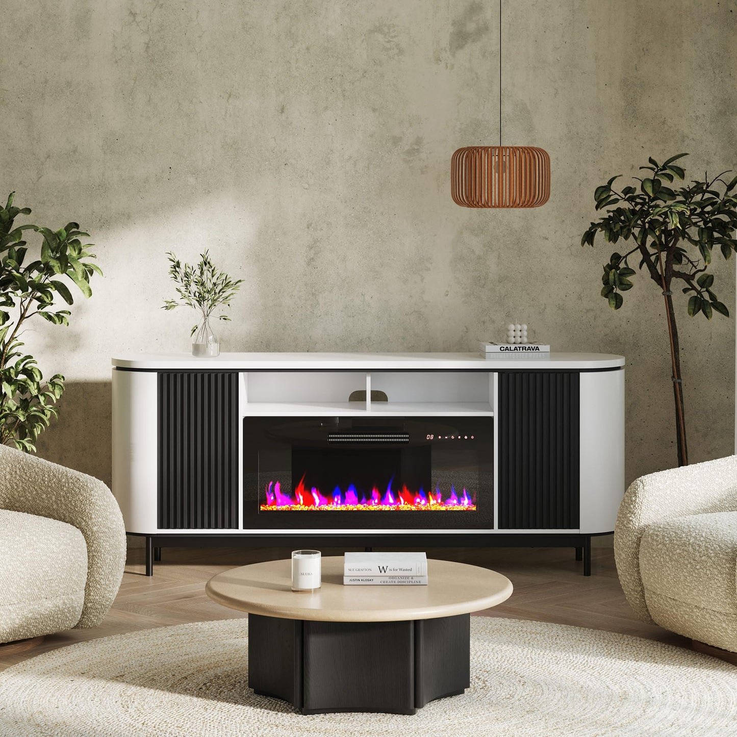 BELLEZE 76" Curved Profile TV Stand with 36" Electric Fireplace, Large Entertainment Center with Storage for TVs up to 80", Modern Media Console Fluted TV Cabinet for Living Room, White