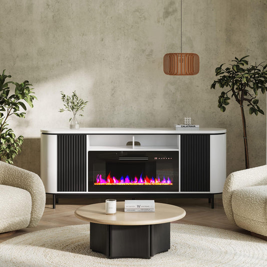 BELLEZE 76" Curved Profile TV Stand with 36" Electric Fireplace, Large Entertainment Center with Storage for TVs up to 80", Modern Media Console Fluted TV Cabinet for Living Room, White