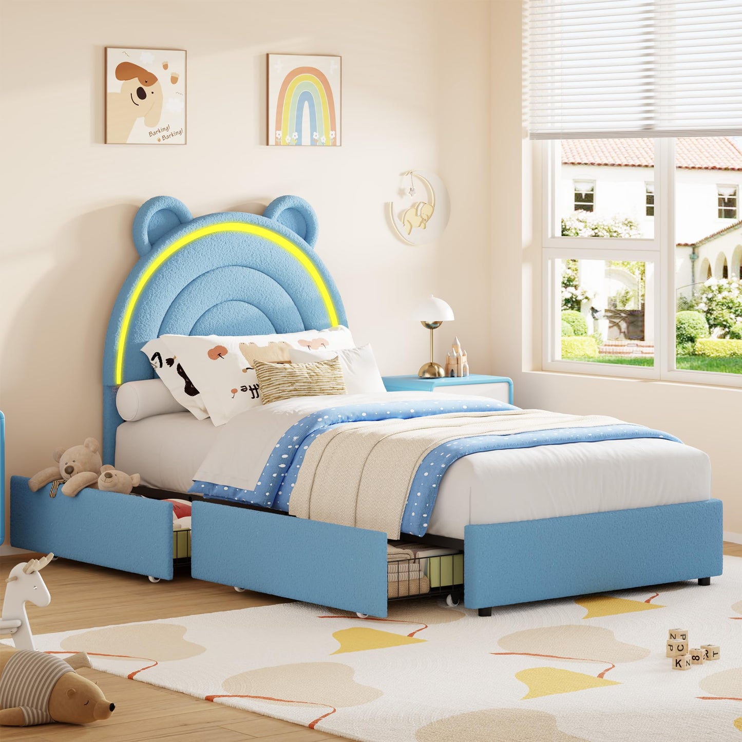 Garvee Twin Size Bed Frame with 2 Storage Drawers & LED Lights, Velvet Upholstered Platform Bed with Rainbow Headboard for Kids/Boys, Wood Slats Support, No Box Spring Needed, Blue