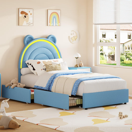 Garvee Twin Size Bed Frame with 2 Storage Drawers & LED Lights, Velvet Upholstered Platform Bed with Rainbow Headboard for Kids/Boys, Wood Slats Support, No Box Spring Needed, Blue