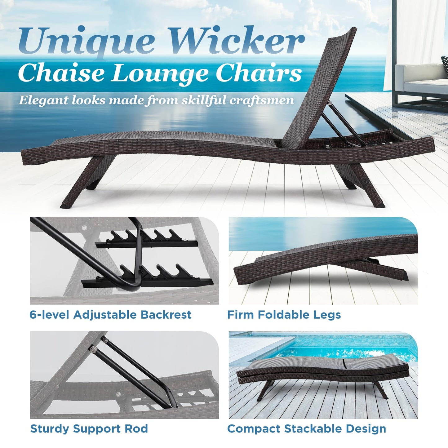 Idzo Katalina Upgraded 2000Hours UV Wicker Chaise Lounge Outdoor Set of 2 with Adjustable Backrest & Wave Design + Idzo Mira Solid Acacia Wood Folding Side Table Outdoor