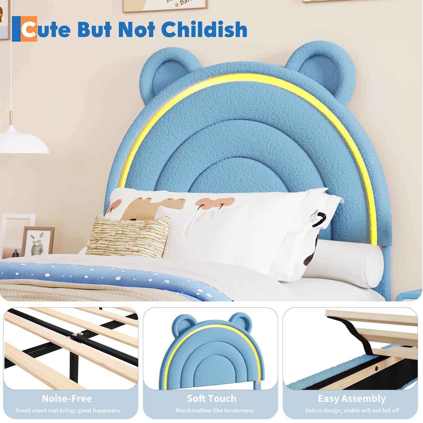 Garvee Twin Size Bed Frame with 2 Storage Drawers & LED Lights, Velvet Upholstered Platform Bed with Rainbow Headboard for Kids/Boys, Wood Slats Support, No Box Spring Needed, Blue