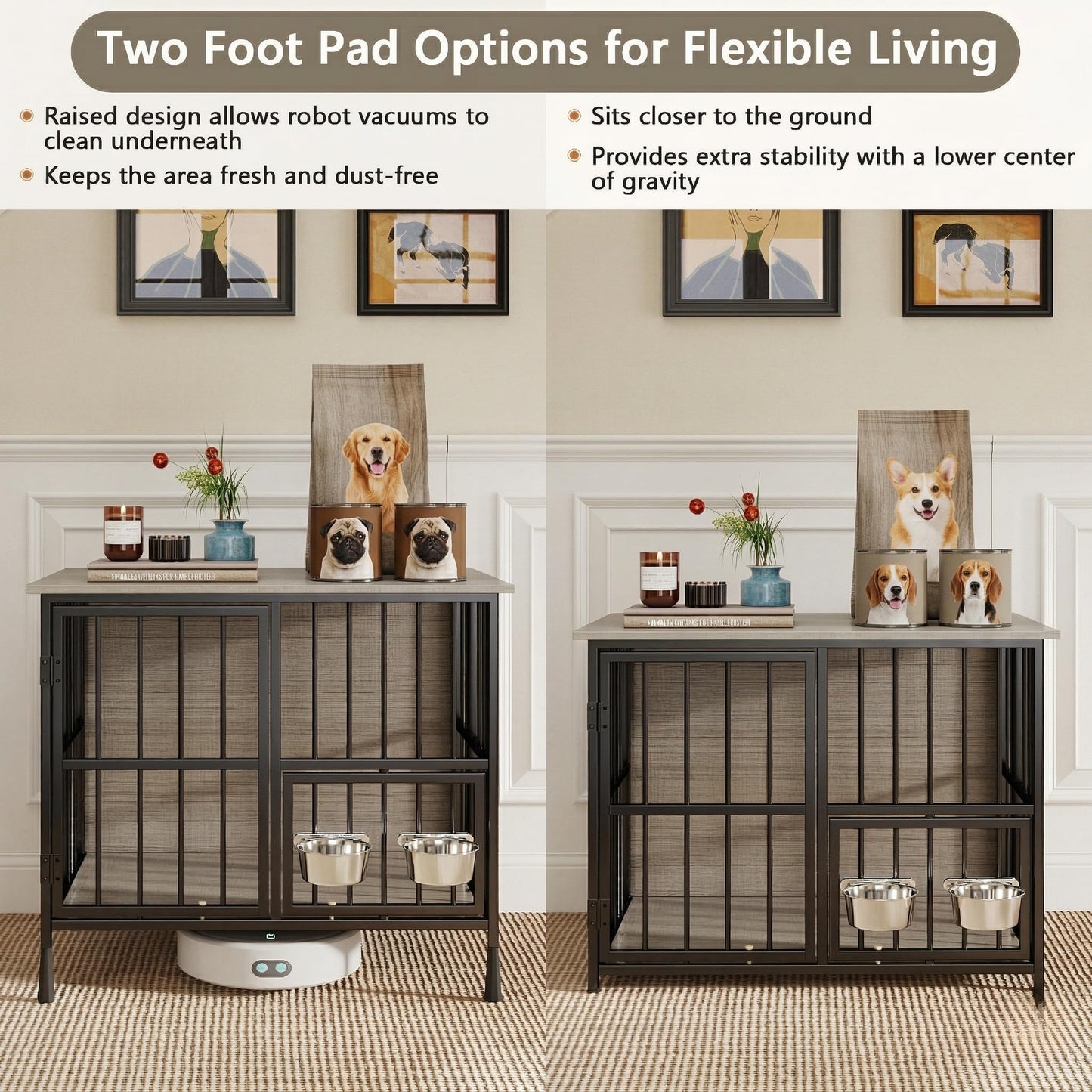 Hadulcet Foldable Dog Crate Furniture, No Assembly Indoor Dog Kennel with Storage Top, Wooden Dog Crate Table for Small to Medium Dogs (Up to 30 lbs), 27.55” Furniture Style Dog Cage with 2 Bowls Gray