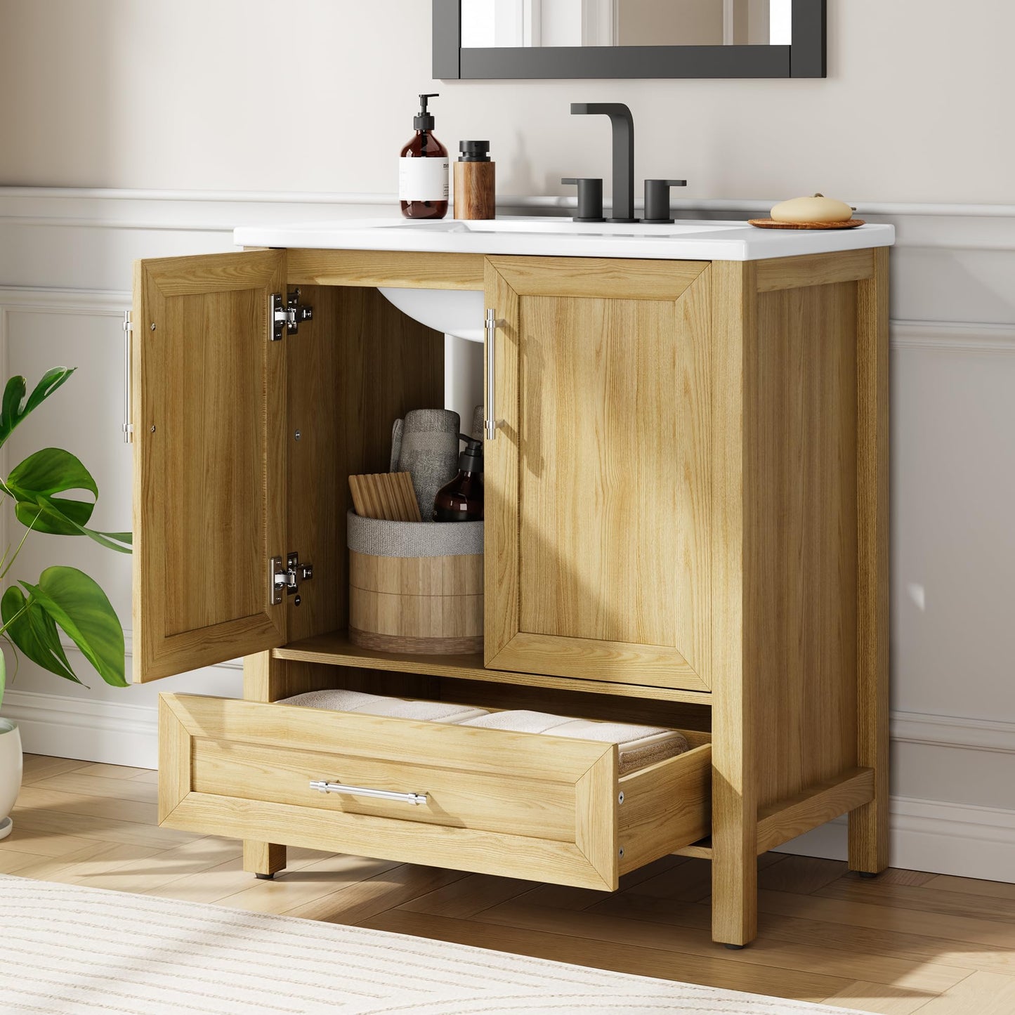 Garvee 30" Bathroom Vanity with Sink, Freestanding Bathroom Sink Cabinet with 2 Soft-Closing Doors & Large Storage Drawer, Wood Vanity Cabinet, Easy Assembly & Cleaning, Natural Wood