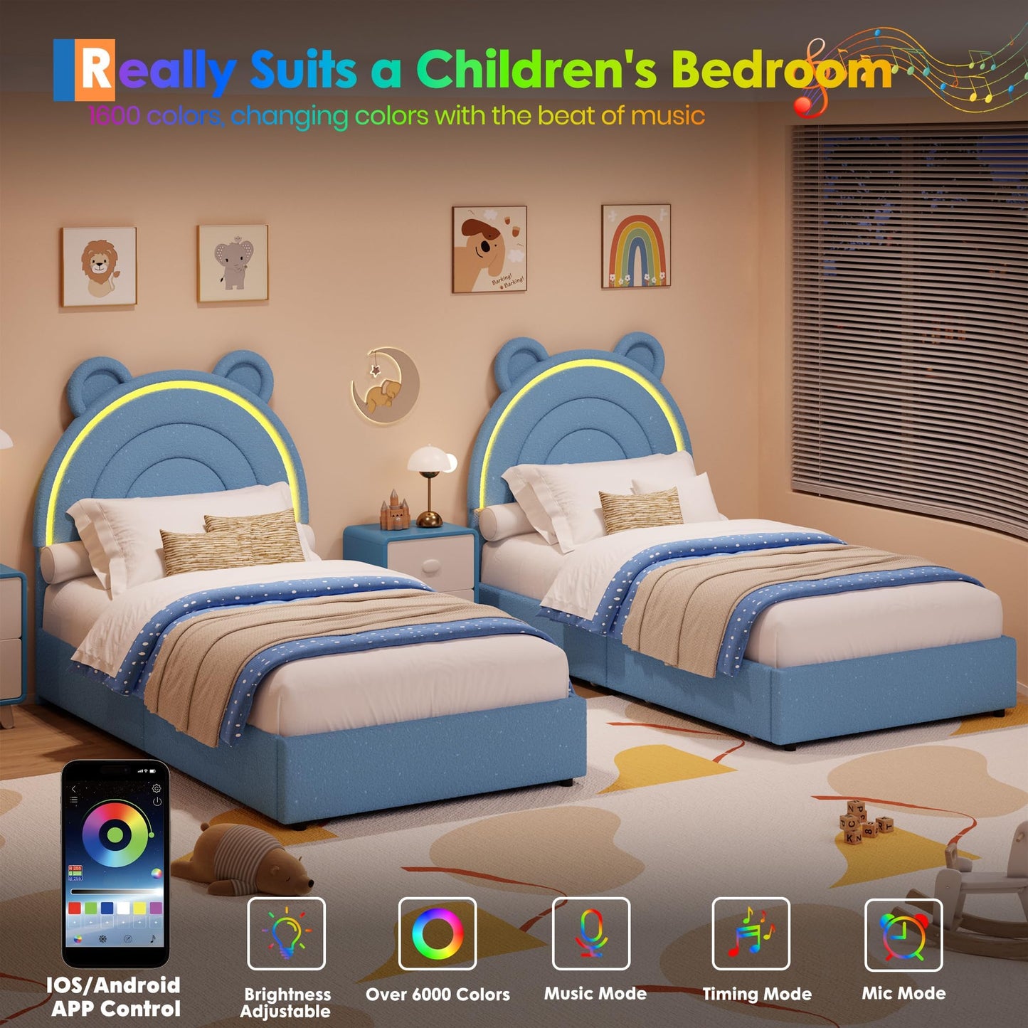 Garvee Twin Size Bed Frame with 2 Storage Drawers & LED Lights, Velvet Upholstered Platform Bed with Rainbow Headboard for Kids/Boys, Wood Slats Support, No Box Spring Needed, Blue
