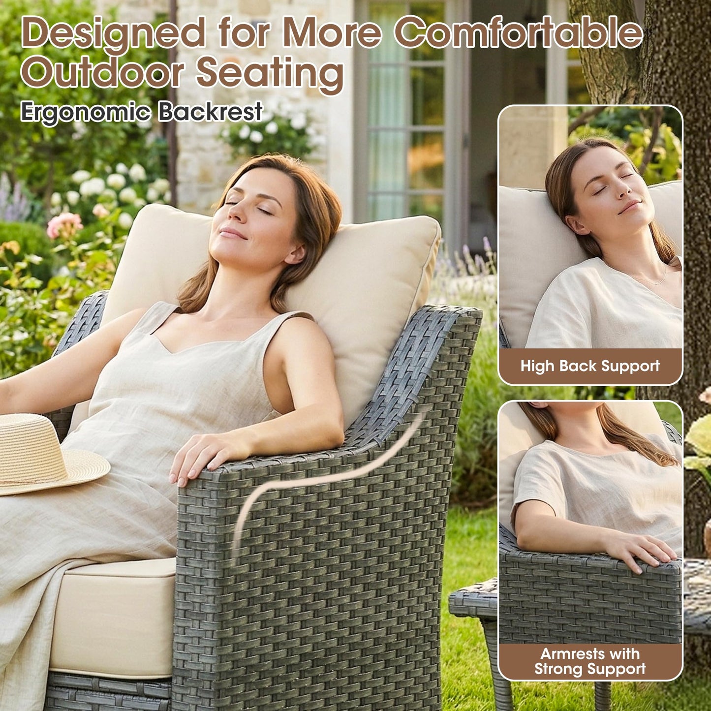 Domvaranique 2 Piece Patio Furniture Set, Outdoor Swivel Rocker Chairs Set of 2, Grey Wicker Conversation Chairs with 6-Inch Thick Cushions, High Back Seating, Beige Olefin Covers for Porch, Deck