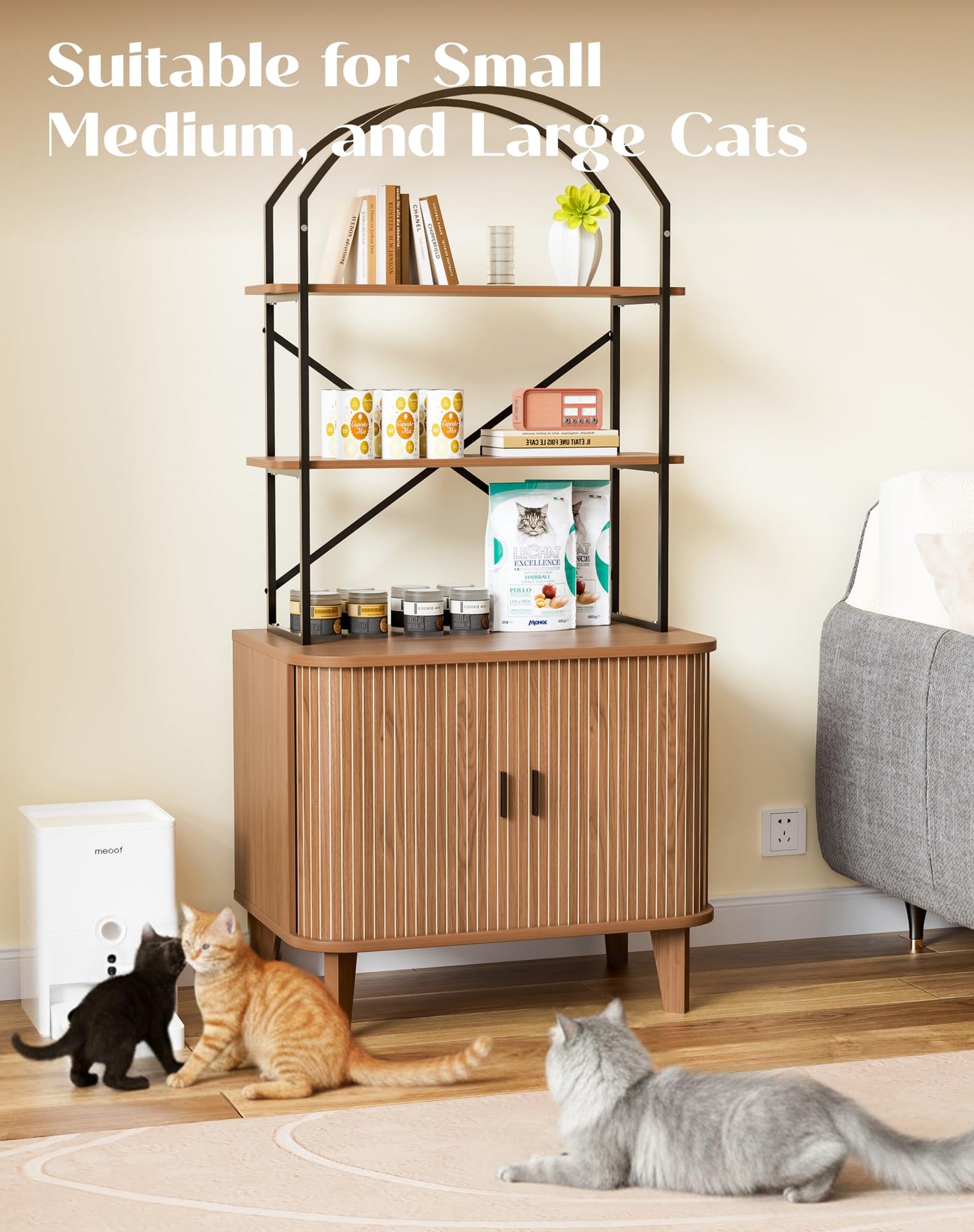 Pruchant 31.5" Cat Litter Box Enclosure,Hidden Litter Box Furniture with Shelves,Wooden Cat Washroom and Pet House with Sliding Tambour Door for Living Room,Walnut