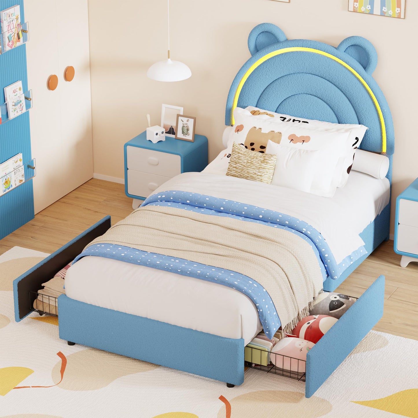 Garvee Twin Size Bed Frame with 2 Storage Drawers & LED Lights, Velvet Upholstered Platform Bed with Rainbow Headboard for Kids/Boys, Wood Slats Support, No Box Spring Needed, Blue