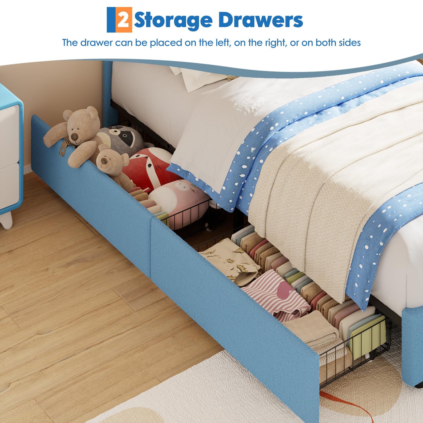 Garvee Twin Size Bed Frame with 2 Storage Drawers & LED Lights, Velvet Upholstered Platform Bed with Rainbow Headboard for Kids/Boys, Wood Slats Support, No Box Spring Needed, Blue