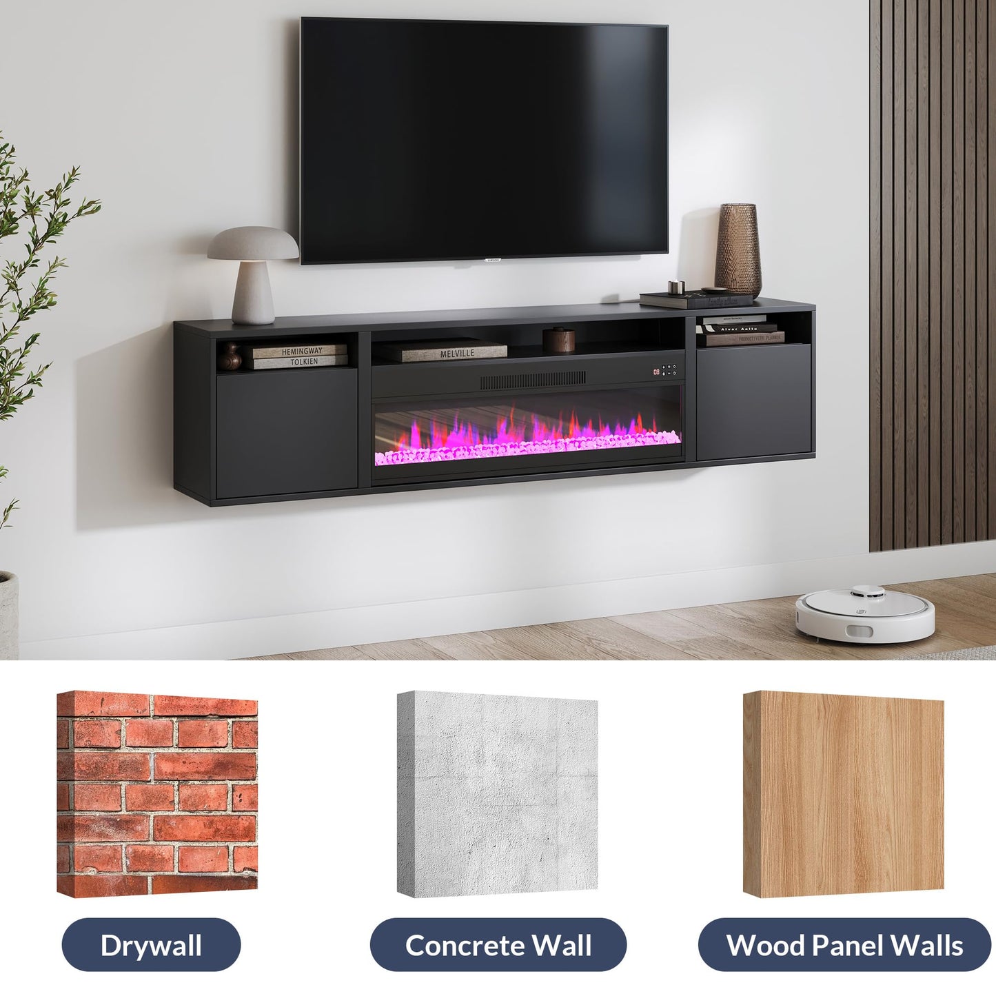 BELLEZE 70" Floating Fireplace TV Stand Wall Mounted with 36" Electric Fireplace,960 RGB Colors Entertainment Center with Storage for TVs up to 80", Modern Media Console TV Shelf for Living Room