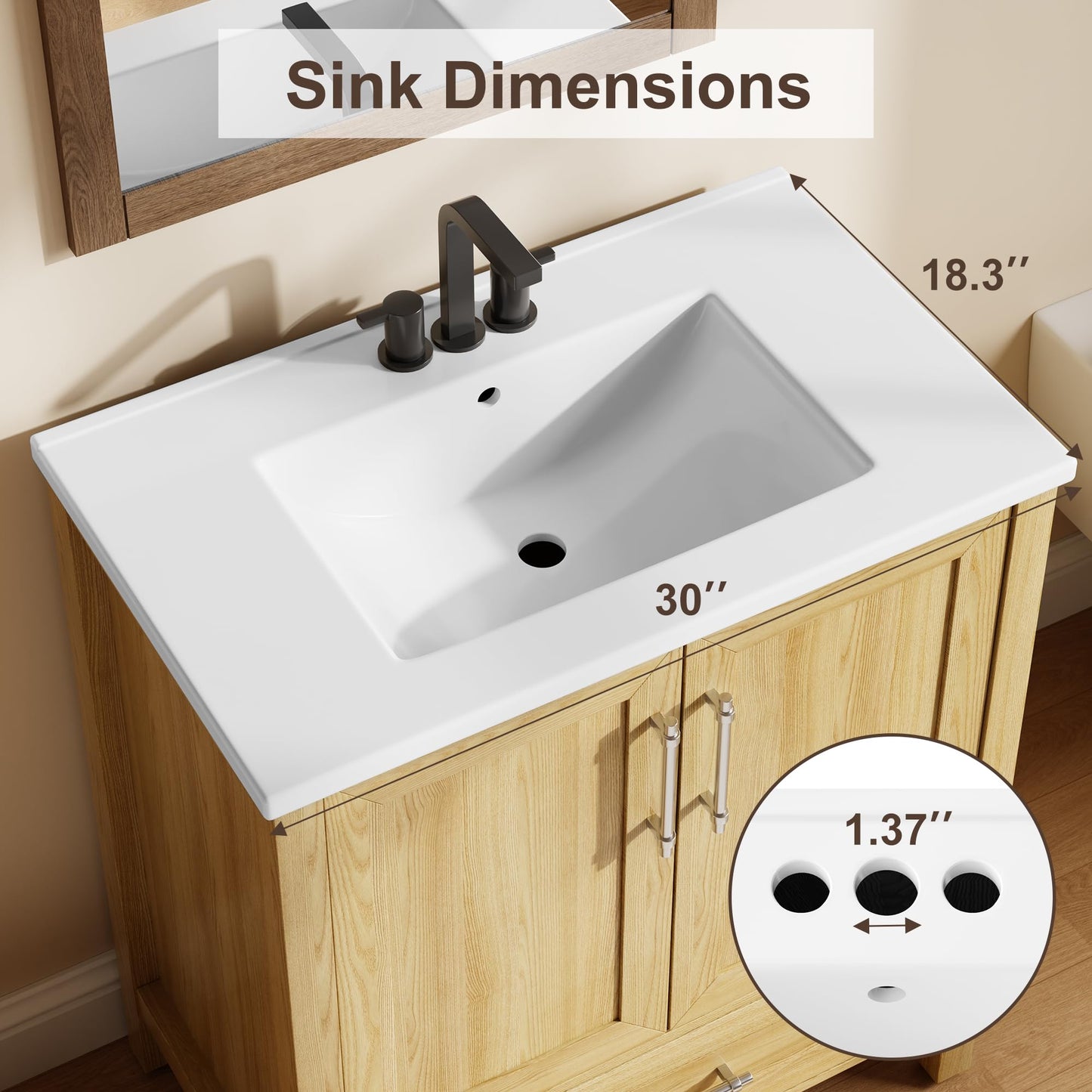 Garvee 30" Bathroom Vanity with Sink, Freestanding Bathroom Sink Cabinet with 2 Soft-Closing Doors & Large Storage Drawer, Wood Vanity Cabinet, Easy Assembly & Cleaning, Natural Wood