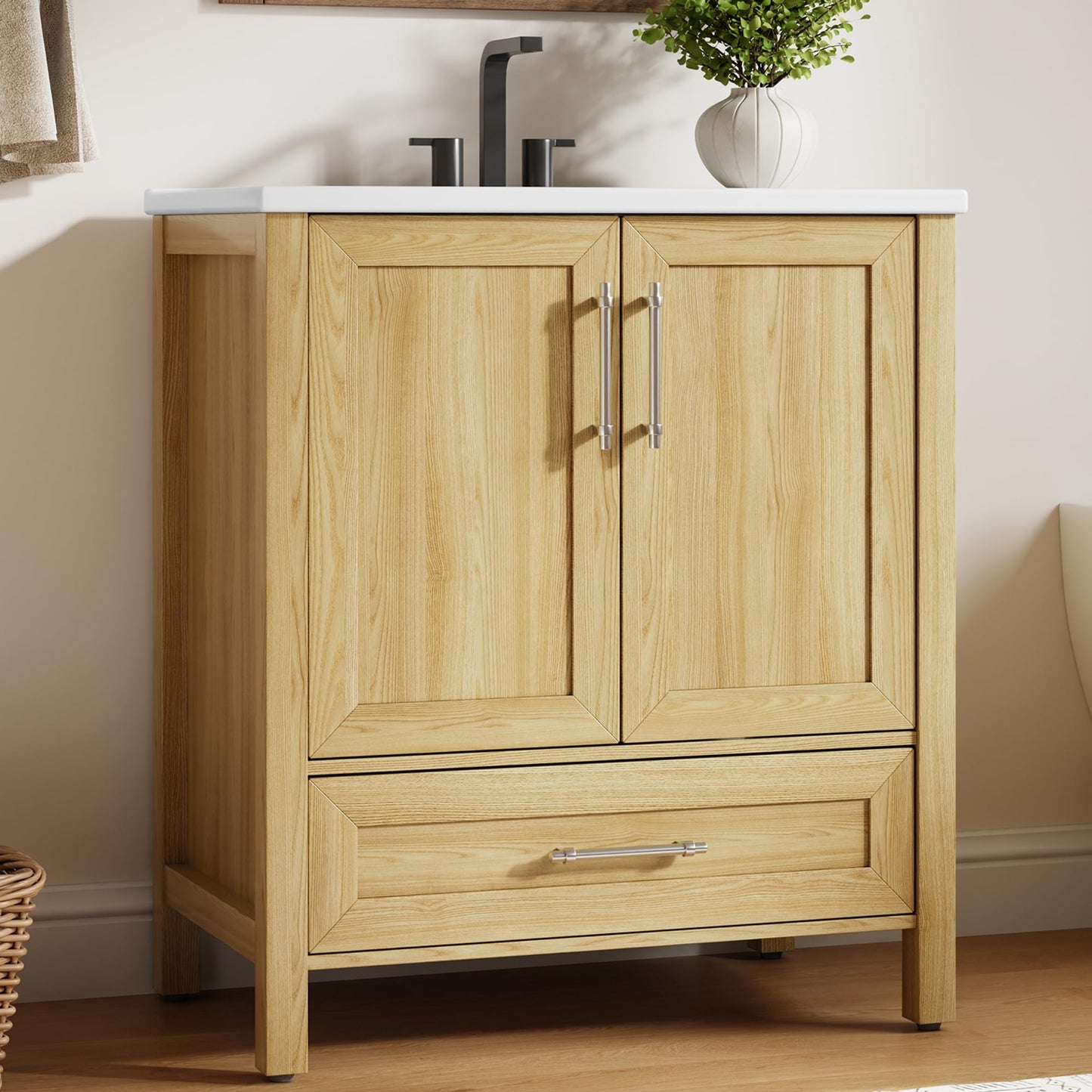 Garvee 30" Bathroom Vanity with Sink, Freestanding Bathroom Sink Cabinet with 2 Soft-Closing Doors & Large Storage Drawer, Wood Vanity Cabinet, Easy Assembly & Cleaning, Natural Wood
