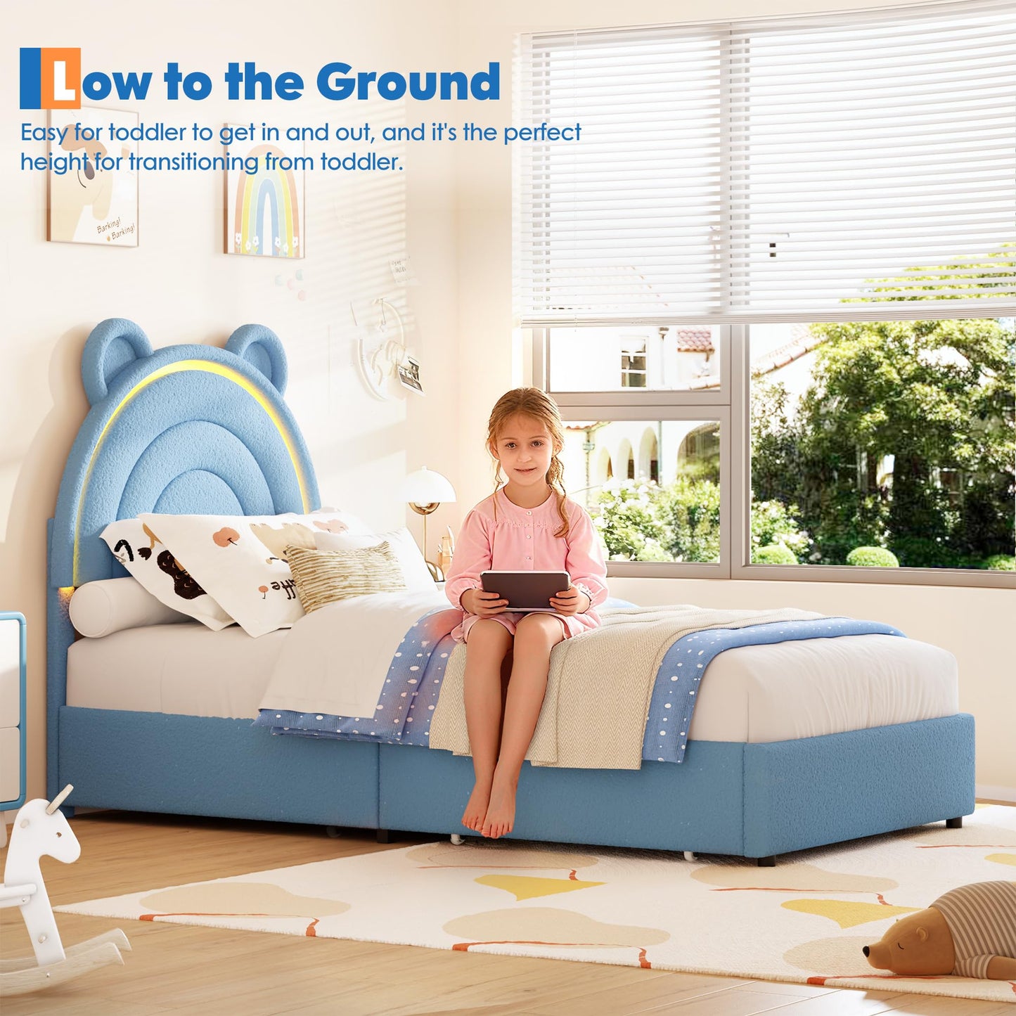 Garvee Twin Size Bed Frame with 2 Storage Drawers & LED Lights, Velvet Upholstered Platform Bed with Rainbow Headboard for Kids/Boys, Wood Slats Support, No Box Spring Needed, Blue