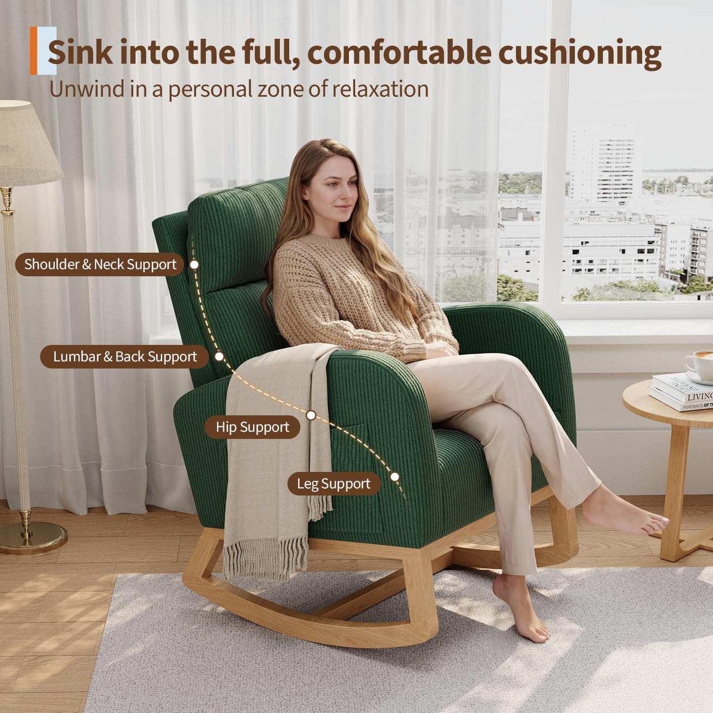 GarveeHome Corduroy Rocking Chair, Modern Nursery Glider Chair with Side Pockets and Pillow, Rocker Chair for Living Room Bedroom Nursing Room, Green