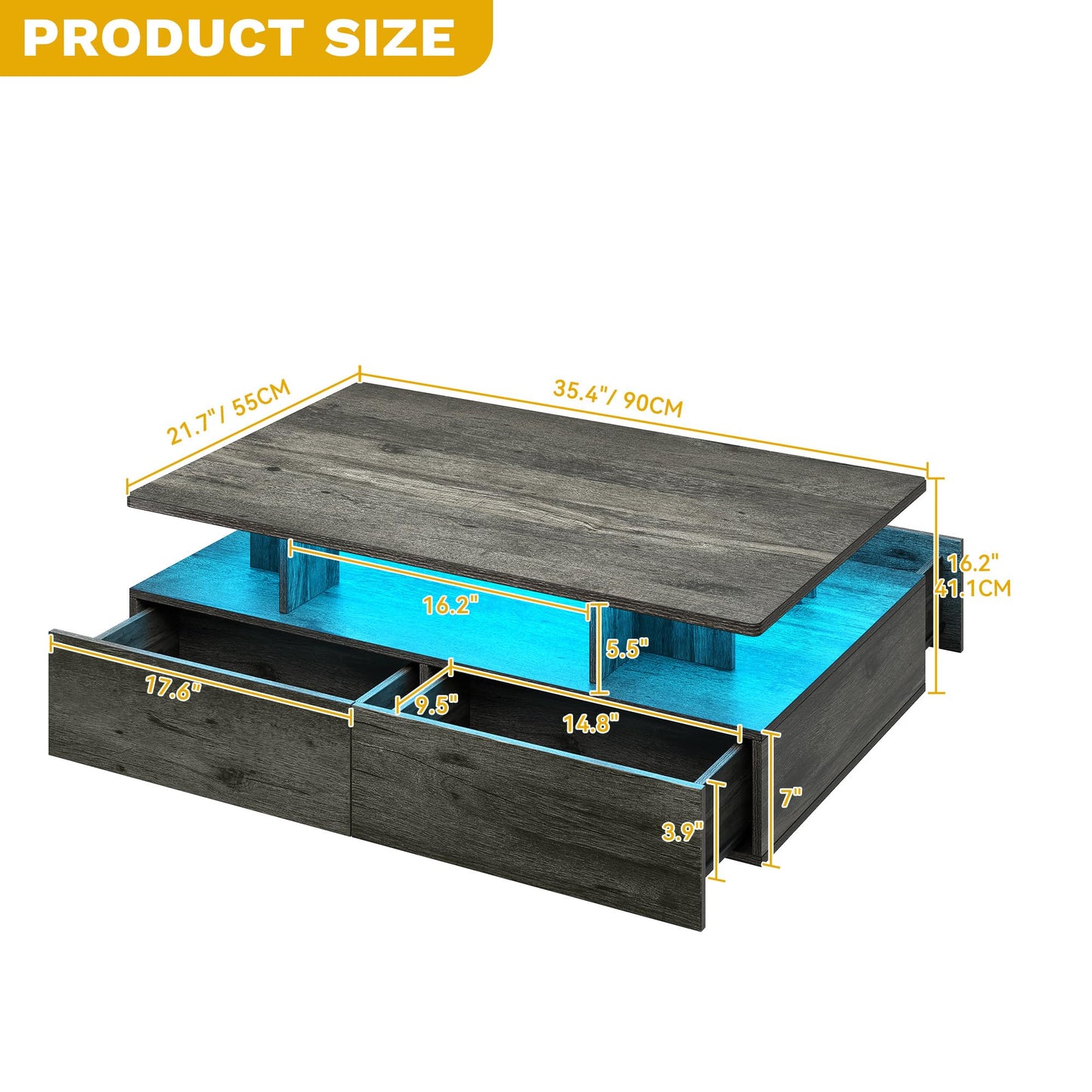 DWVO LED Coffee Table with Storage 4 Drawers, Modern High Glossy Coffee Tables for Living Room, Rectangle Coffee Table Small Center Table with Open Display Shelf & Sliding Drawers, Grey
