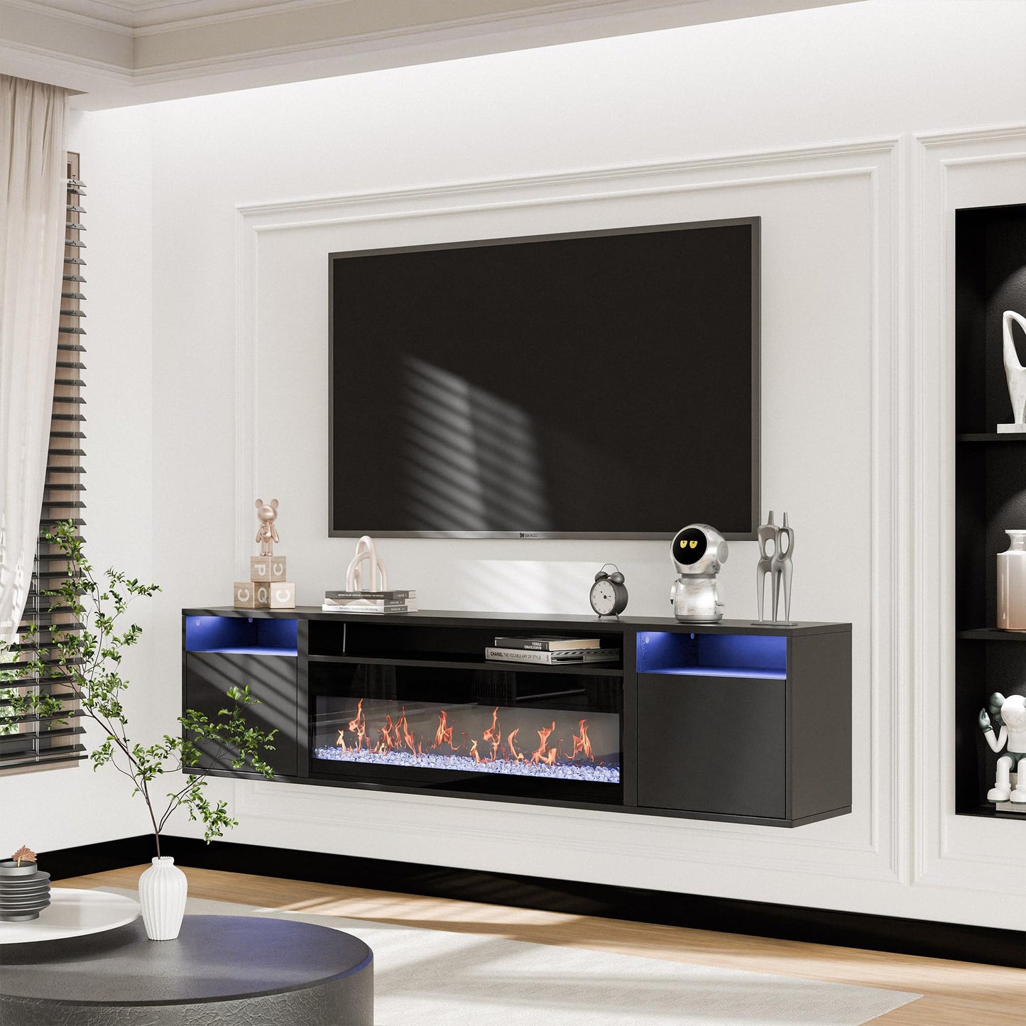 BELLEZE 70" Floating Fireplace TV Stand Wall Mounted with 36" Electric Fireplace,960 RGB Colors Entertainment Center with Storage for TVs up to 80", Modern Media Console TV Shelf for Living Room