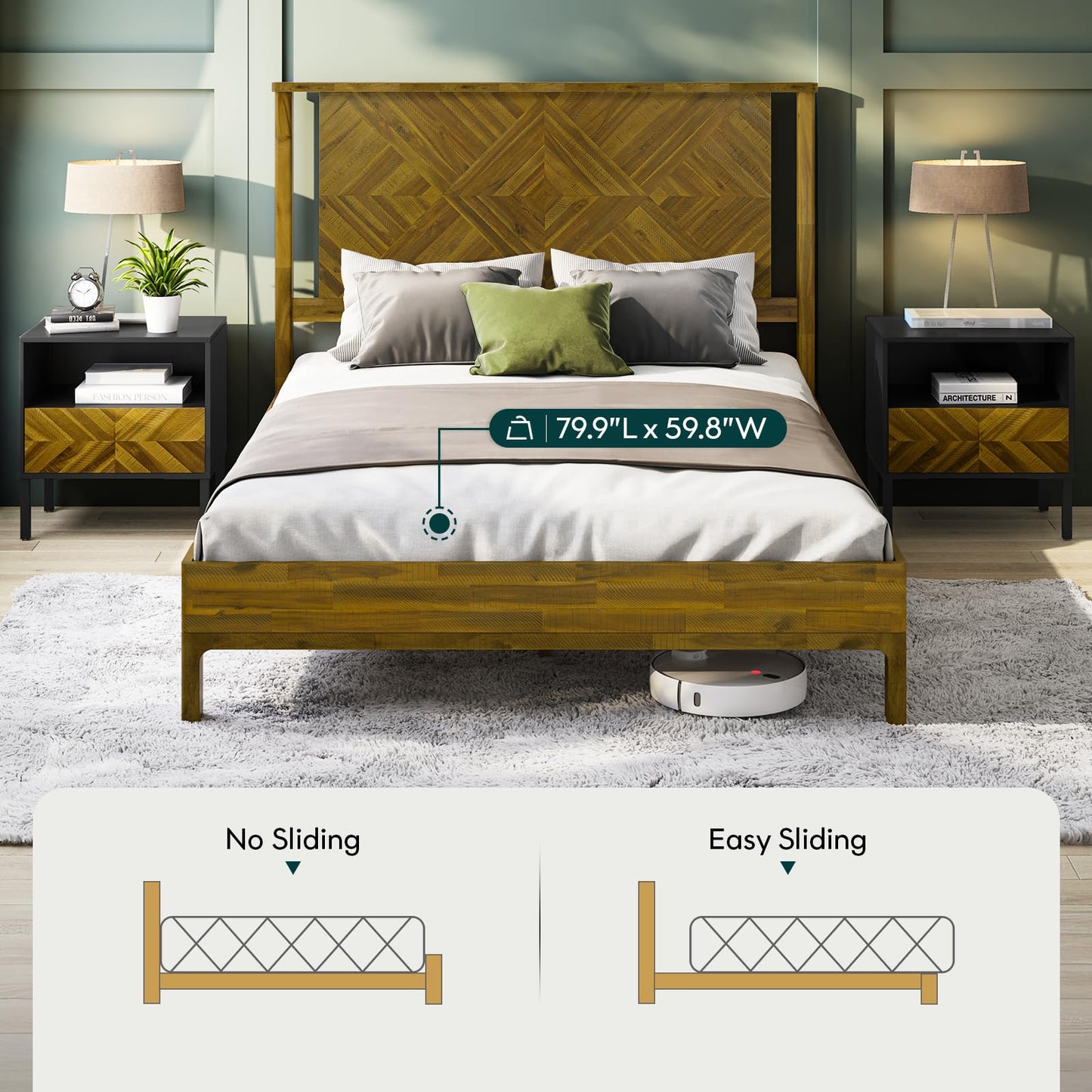 Bme Ethan Queen Bed Frame with Diamond Headboard, Mid-Century Modern, Solid Acacia Wood, No Box Spring Needed, Fits All Mattresses, Rustic Brown