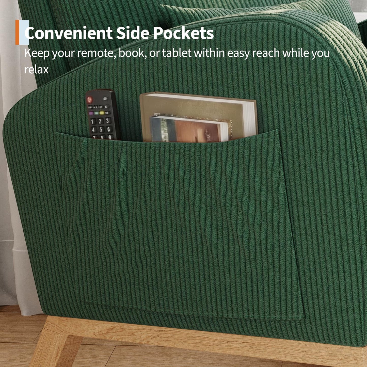 GarveeHome Corduroy Rocking Chair, Modern Nursery Glider Chair with Side Pockets and Pillow, Rocker Chair for Living Room Bedroom Nursing Room, Green