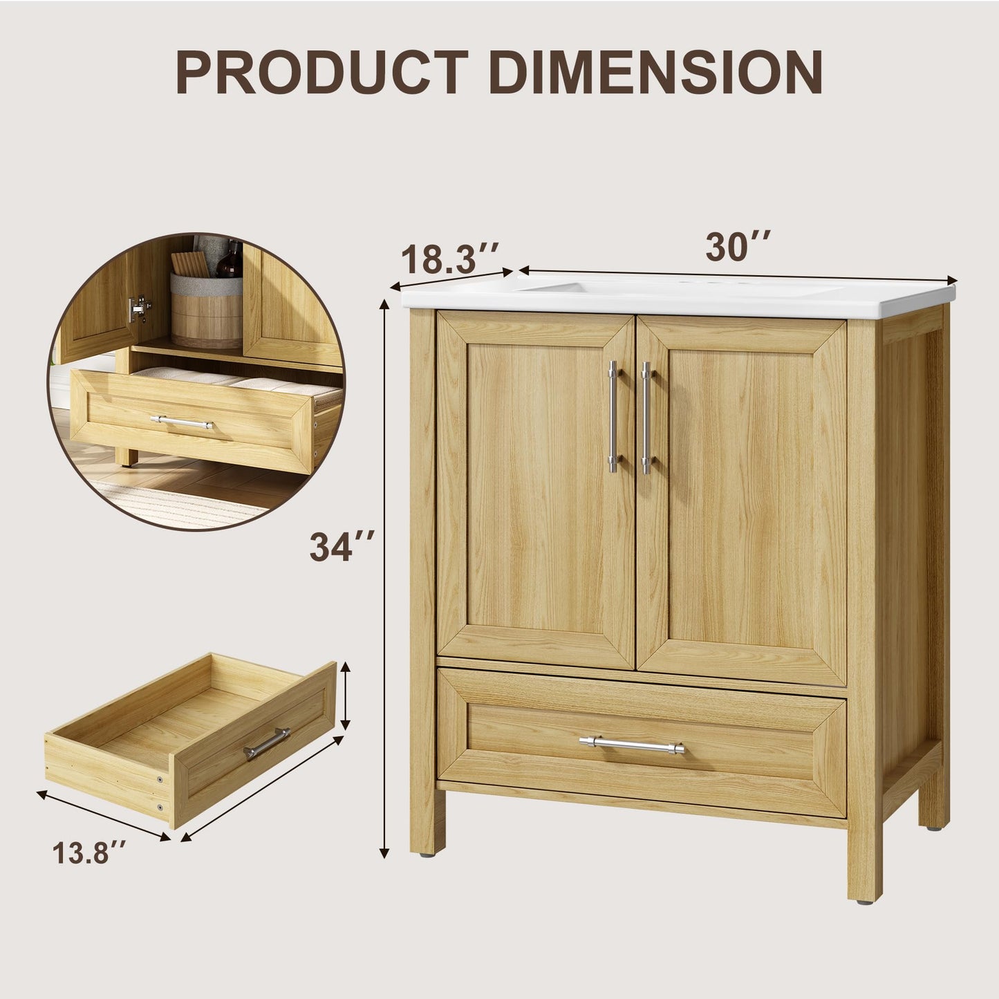 Garvee 30" Bathroom Vanity with Sink, Freestanding Bathroom Sink Cabinet with 2 Soft-Closing Doors & Large Storage Drawer, Wood Vanity Cabinet, Easy Assembly & Cleaning, Natural Wood
