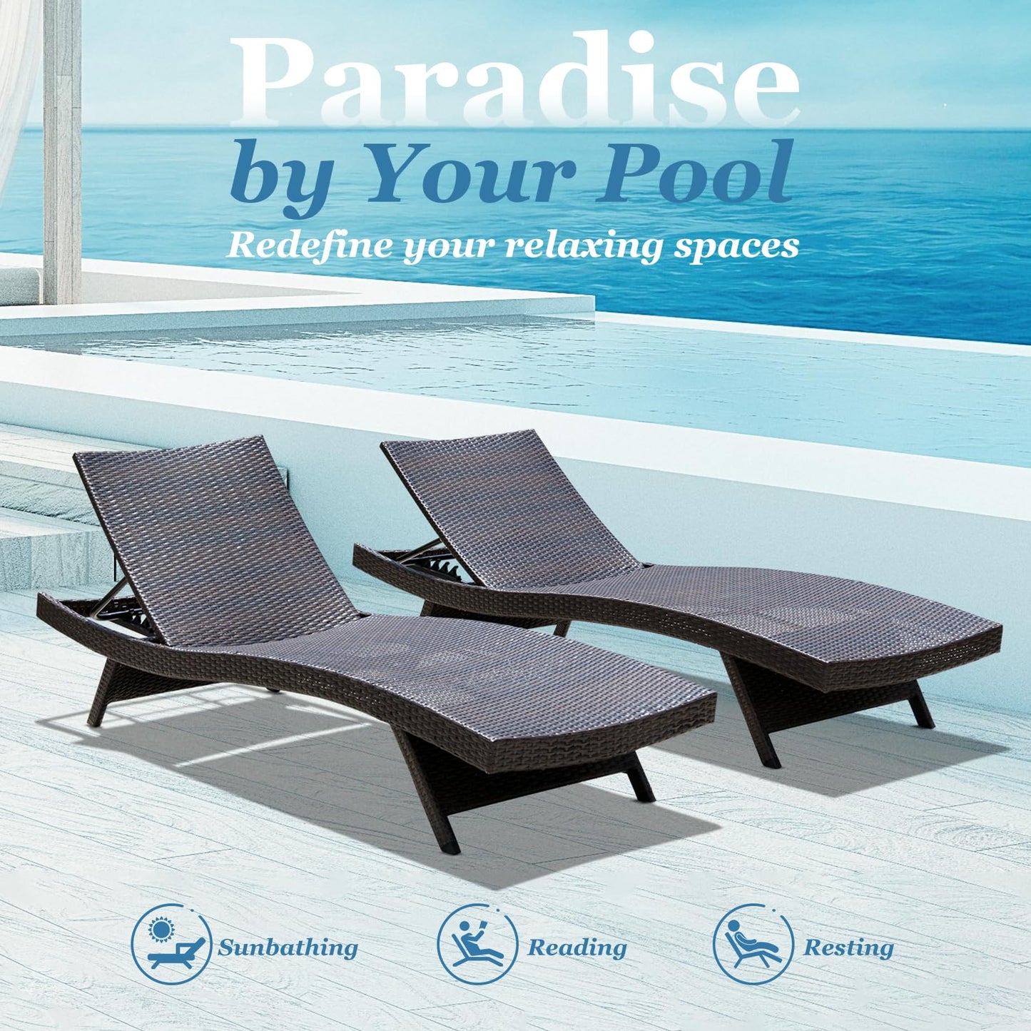 Idzo Katalina Upgraded 2000Hours UV Wicker Chaise Lounge Outdoor Set of 2 with Adjustable Backrest & Wave Design + Idzo Mira Solid Acacia Wood Folding Side Table Outdoor