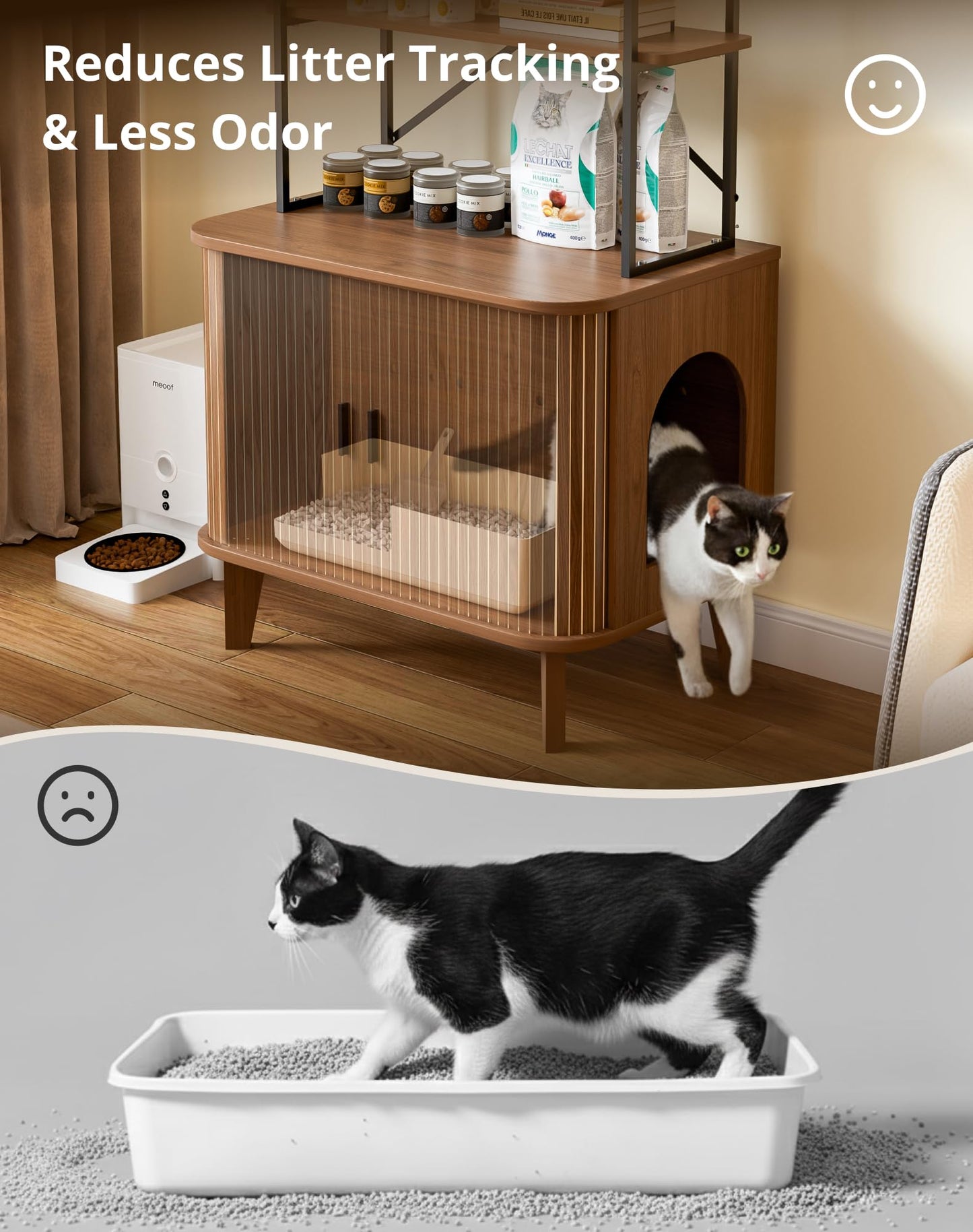Pruchant 31.5" Cat Litter Box Enclosure,Hidden Litter Box Furniture with Shelves,Wooden Cat Washroom and Pet House with Sliding Tambour Door for Living Room,Walnut