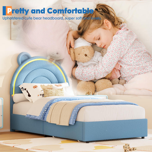 Garvee Twin Size Bed Frame with 2 Storage Drawers & LED Lights, Velvet Upholstered Platform Bed with Rainbow Headboard for Kids/Boys, Wood Slats Support, No Box Spring Needed, Blue