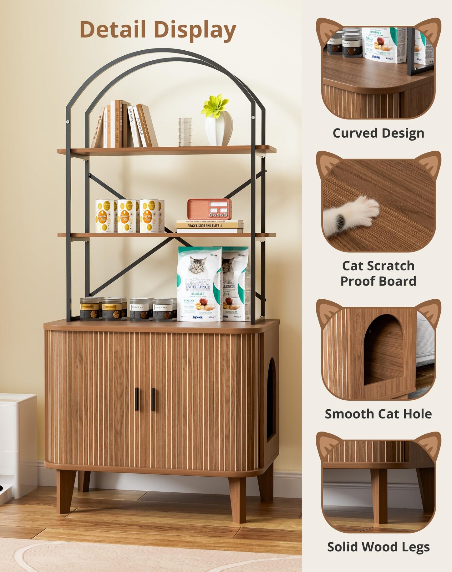 Pruchant 31.5" Cat Litter Box Enclosure,Hidden Litter Box Furniture with Shelves,Wooden Cat Washroom and Pet House with Sliding Tambour Door for Living Room,Walnut