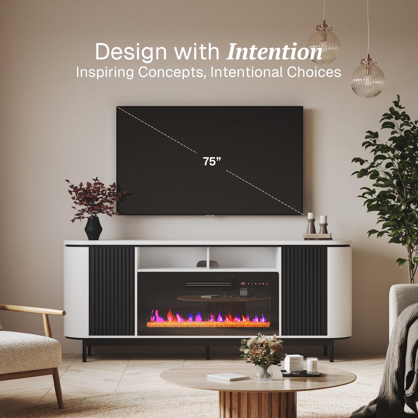 BELLEZE 76" Curved Profile TV Stand with 36" Electric Fireplace, Large Entertainment Center with Storage for TVs up to 80", Modern Media Console Fluted TV Cabinet for Living Room, White