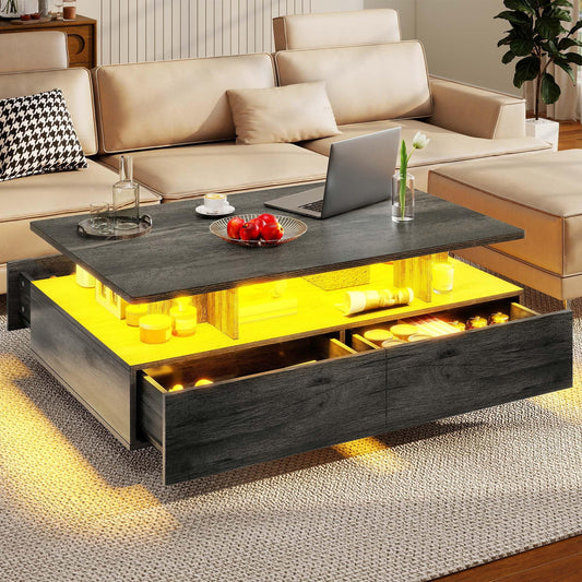 DWVO LED Coffee Table with Storage 4 Drawers, Modern High Glossy Coffee Tables for Living Room, Rectangle Coffee Table Small Center Table with Open Display Shelf & Sliding Drawers, Grey