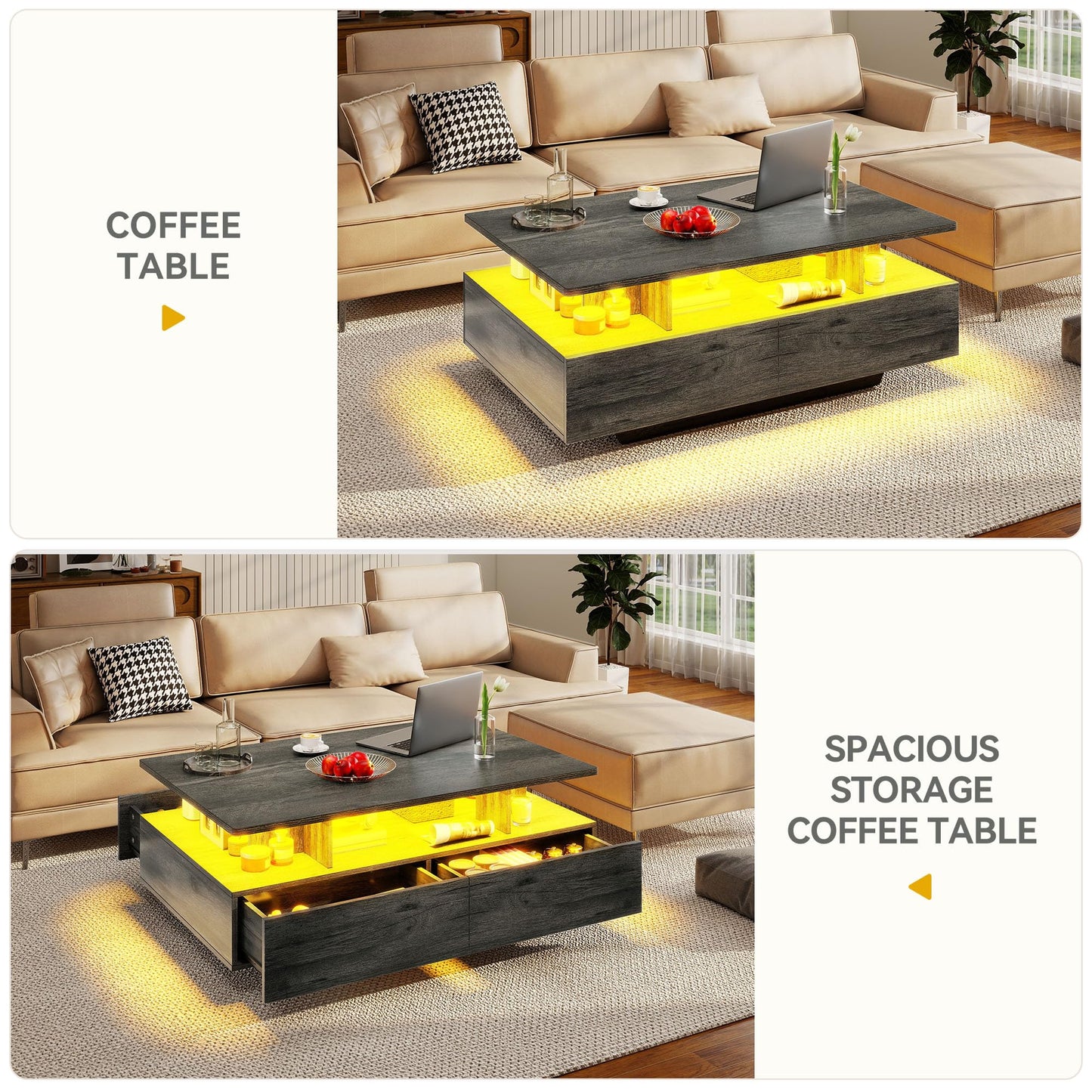 DWVO LED Coffee Table with Storage 4 Drawers, Modern High Glossy Coffee Tables for Living Room, Rectangle Coffee Table Small Center Table with Open Display Shelf & Sliding Drawers, Grey