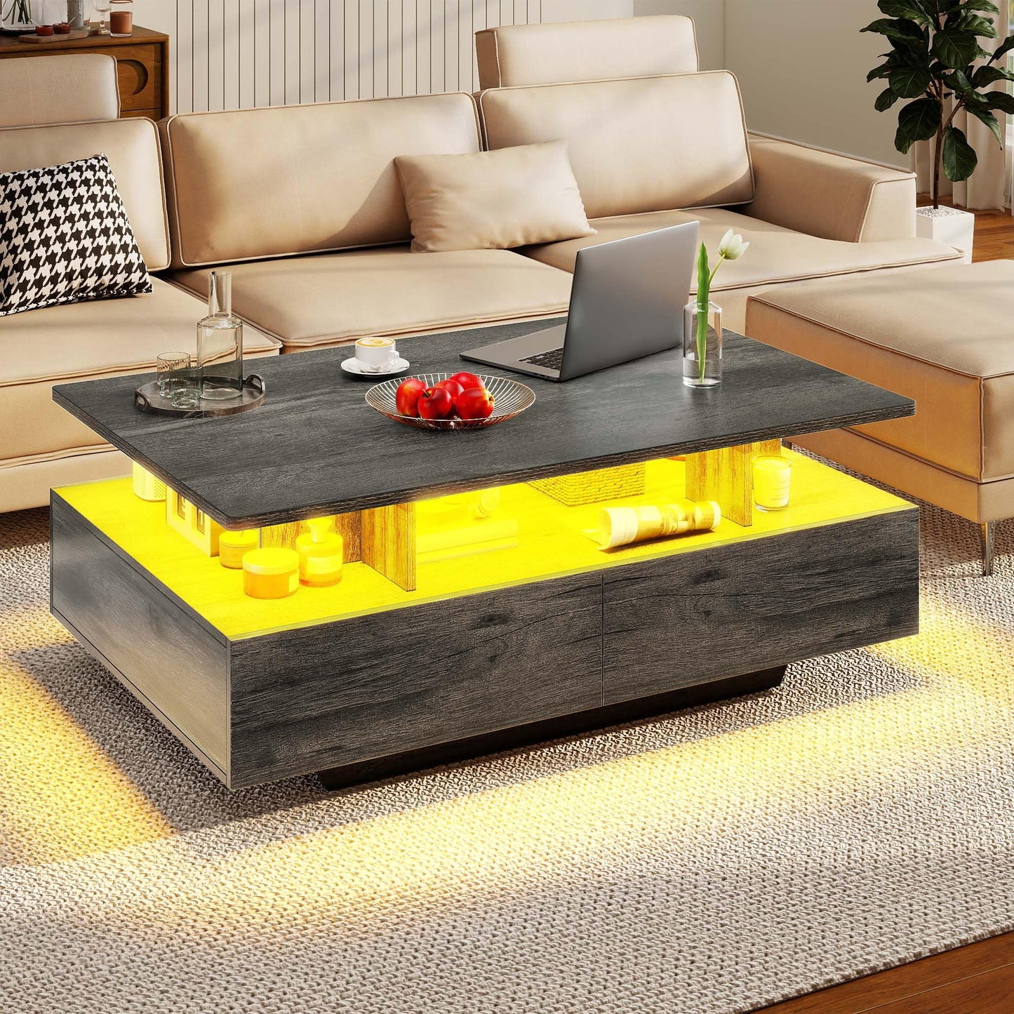 DWVO LED Coffee Table with Storage 4 Drawers, Modern High Glossy Coffee Tables for Living Room, Rectangle Coffee Table Small Center Table with Open Display Shelf & Sliding Drawers, Grey