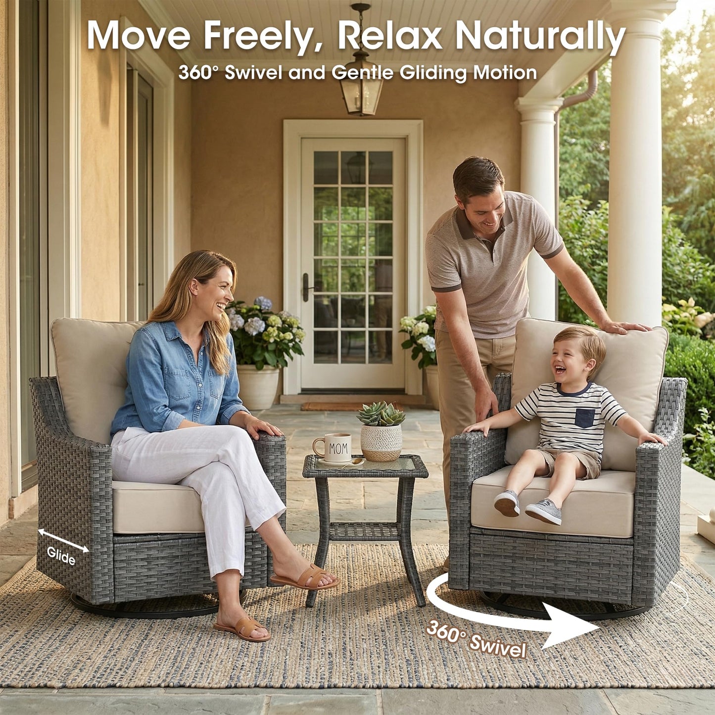 Domvaranique 2 Piece Patio Furniture Set, Outdoor Swivel Rocker Chairs Set of 2, Grey Wicker Conversation Chairs with 6-Inch Thick Cushions, High Back Seating, Beige Olefin Covers for Porch, Deck