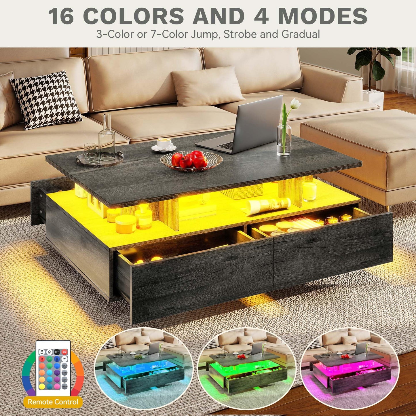 DWVO LED Coffee Table with Storage 4 Drawers, Modern High Glossy Coffee Tables for Living Room, Rectangle Coffee Table Small Center Table with Open Display Shelf & Sliding Drawers, Grey