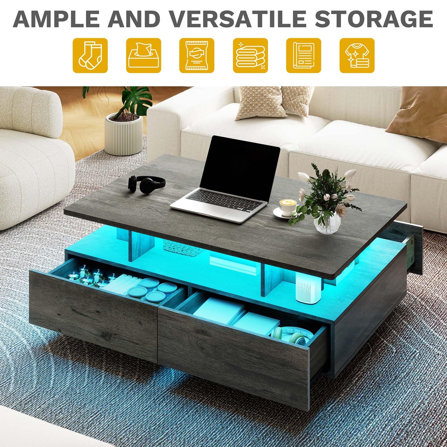 DWVO LED Coffee Table with Storage 4 Drawers, Modern High Glossy Coffee Tables for Living Room, Rectangle Coffee Table Small Center Table with Open Display Shelf & Sliding Drawers, Grey